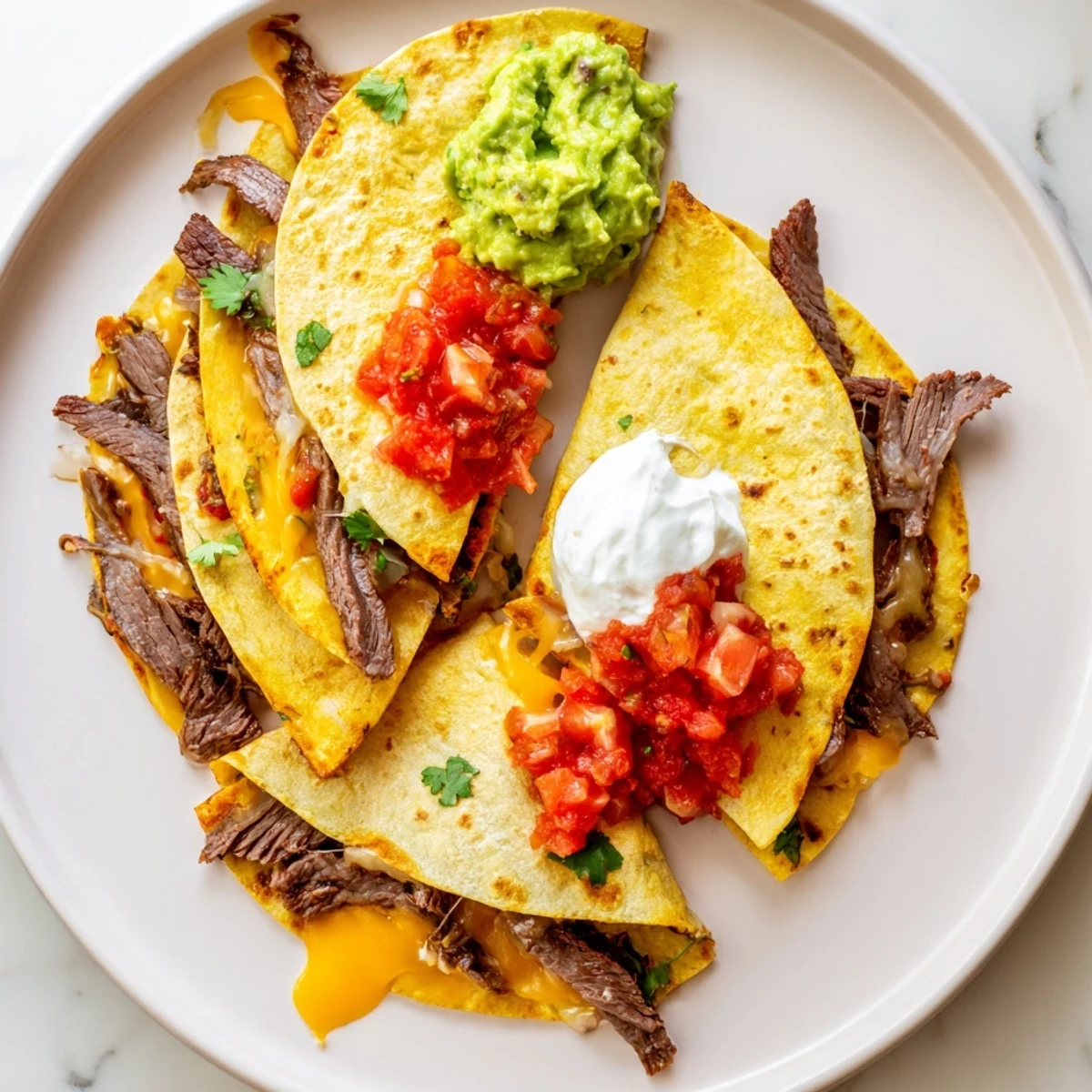 Golden, crispy Beef Quesadillas cut into wedges, served alongside fresh salsa, creamy guacamole, and tangy sour cream.