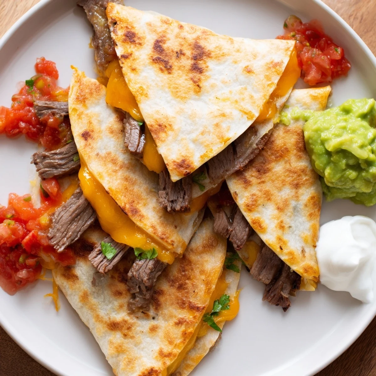 A close-up of a Beef Quesadilla revealing tender beef and melted cheese filling, resting next to vibrant guacamole.