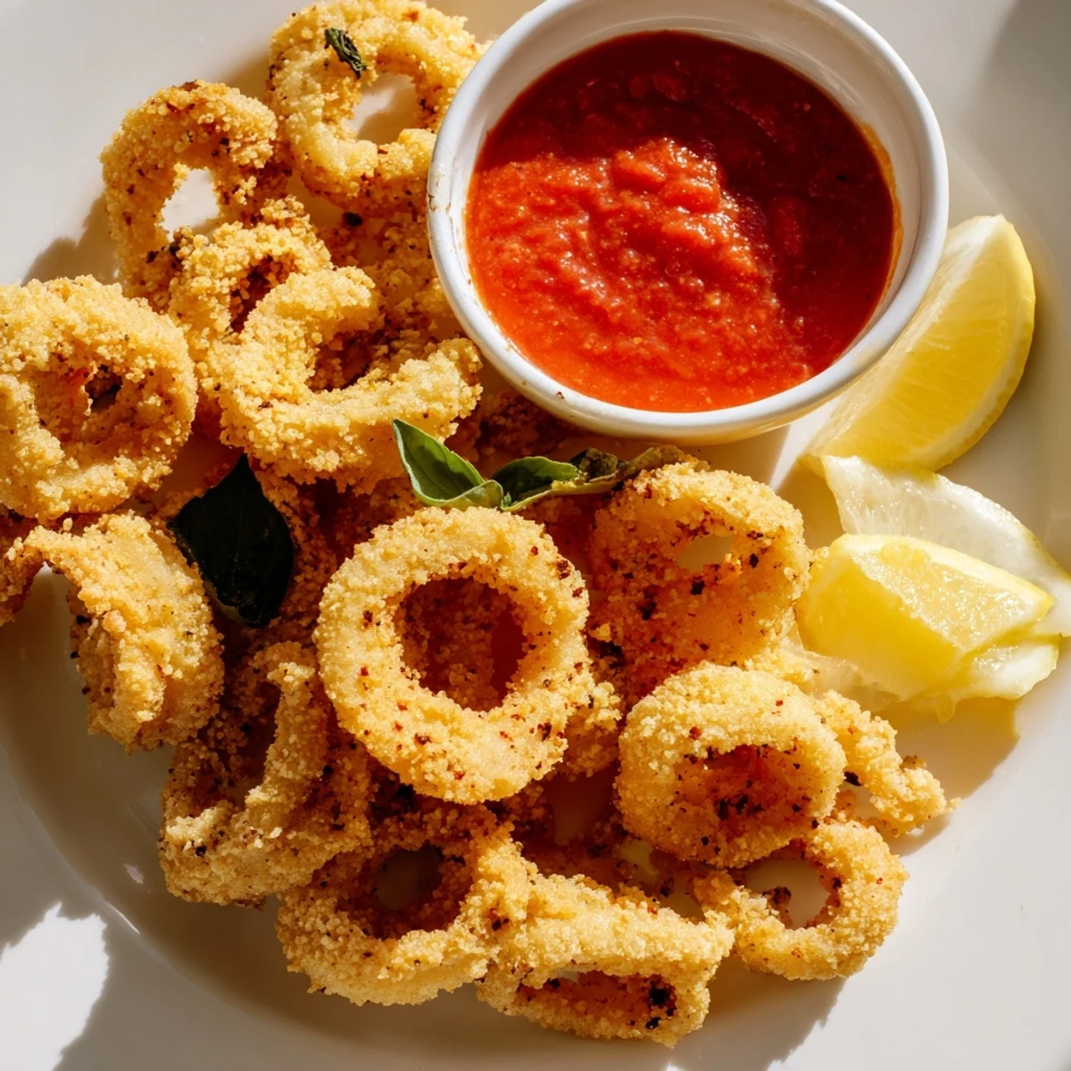 Crispy Calamari with Marinara Dipping Sauce golden fried rings piled high next to a small bowl of rich red sauce.