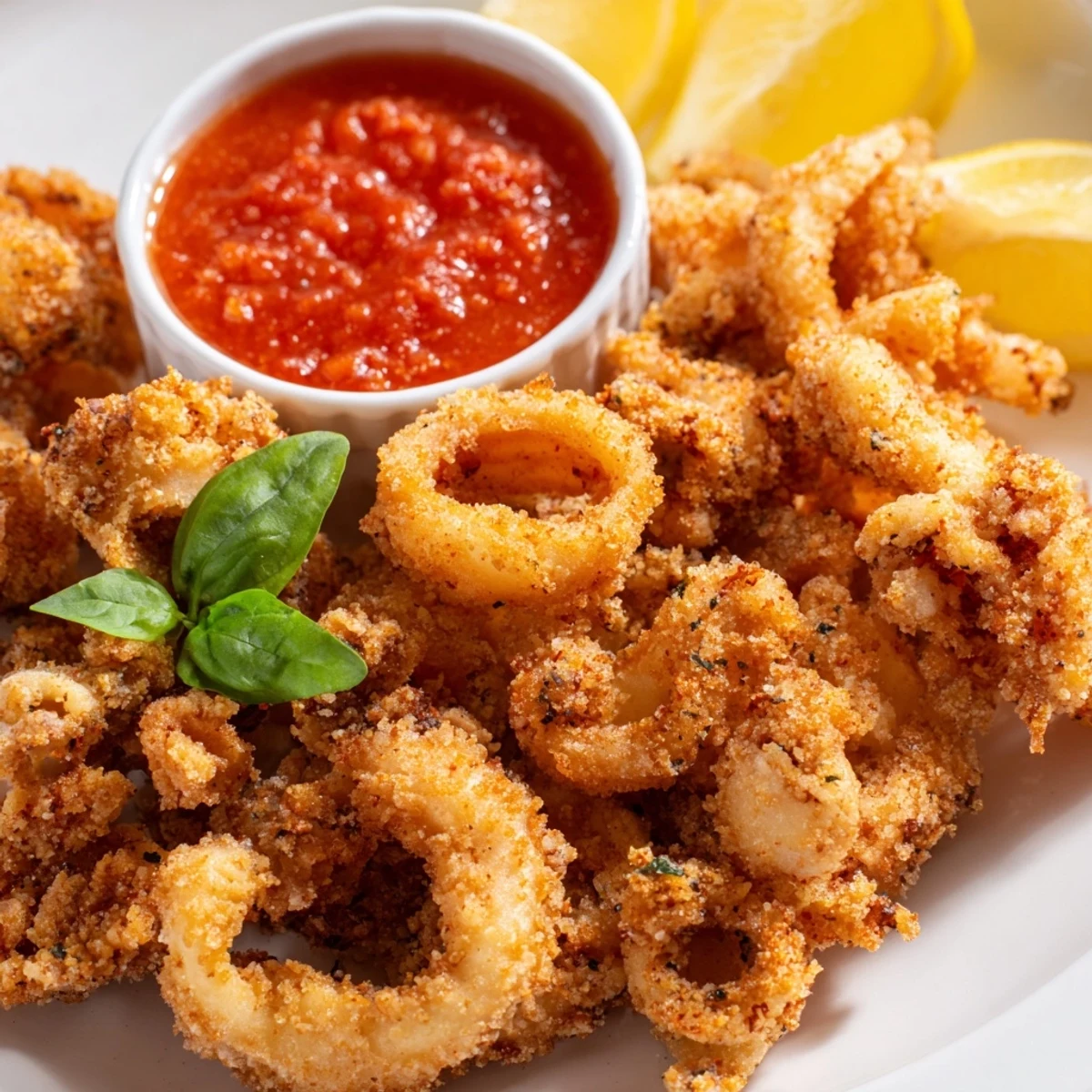 Perfectly golden Crispy Calamari with Marinara Dipping Sauce ready to be squeezed with fresh lemon and served hot.