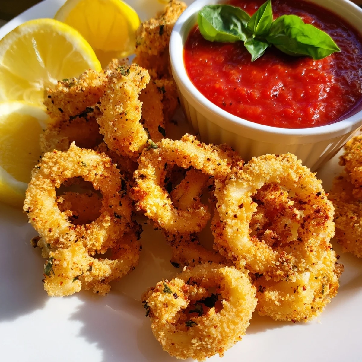 Crispy Calamari with Marinara Dipping Sauce on a rustic plate, ideal for a family appetizer or game day snack.