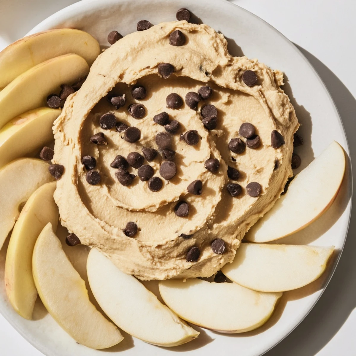 Fresh, creamy Chocolate Chip Cookie Dough Hummus in a bowl, surrounded by crisp apple slices for dipping.