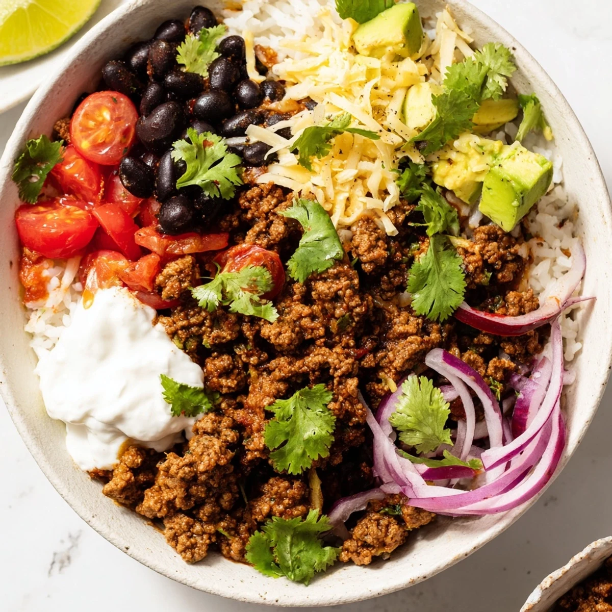 Seasoned ground beef, black beans, and diced avocado sit atop fluffy cilantro lime rice in this hearty Beef Burrito Bowl.