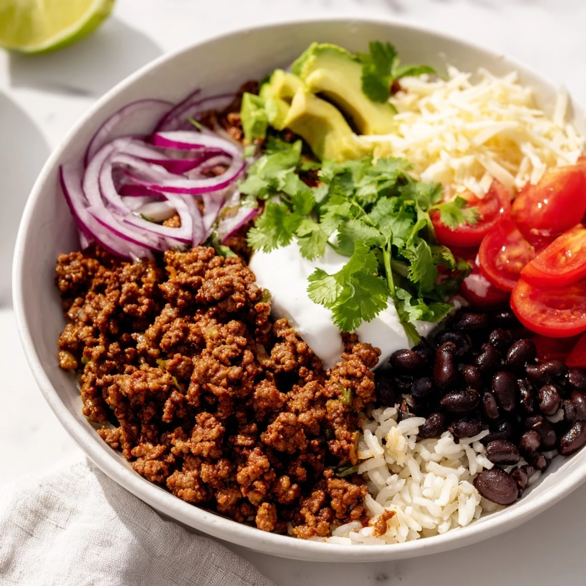 This flavorful Beef Burrito Bowl features seasoned beef, black beans, and cheese over cilantro lime rice, ready for lunch.