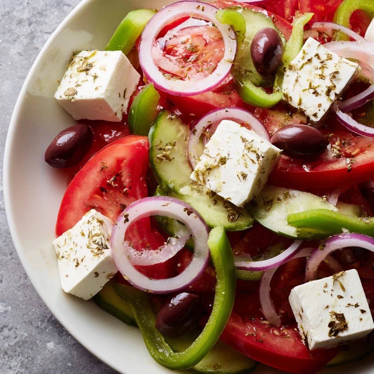Freshly prepared Greek Salad featuring crisp cucumbers, juicy tomato wedges, and briny olives with a mound of creamy feta cheese on top.