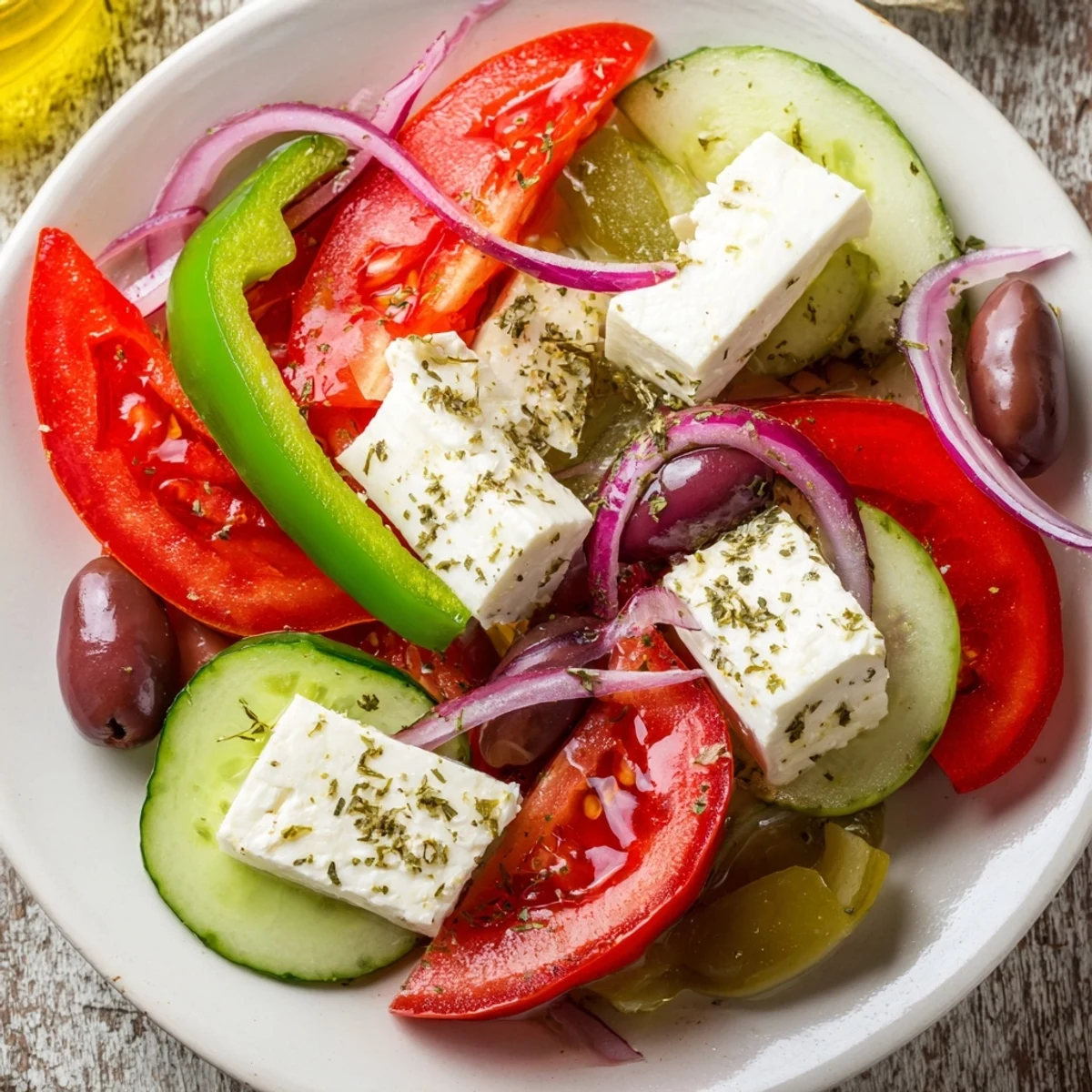 Vibrant Mediterranean salad bowl with green cucumbers, red tomatoes, Kalamata olives, and white feta cheese tossed in a glossy olive oil dressing.