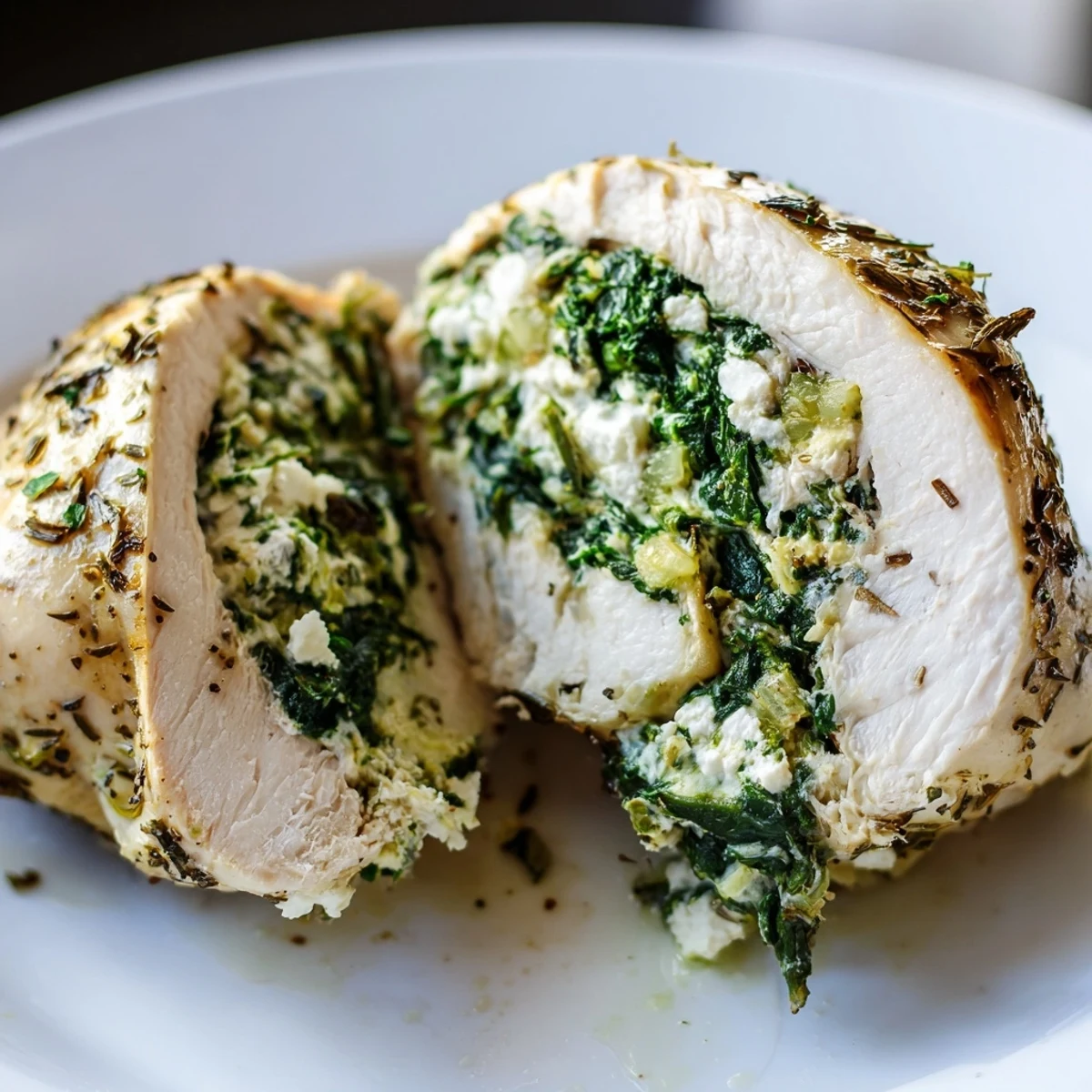 Freshly baked Spinach and Feta Stuffed Chicken Breast rests on a white plate, featuring golden seared edges and oozing creamy feta filling.