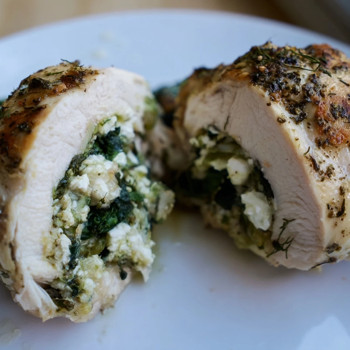 A deconstructed view of Spinach and Feta Stuffed Chicken Breast, highlighting the vibrant green spinach and rich herbs mixed inside the tender meat.