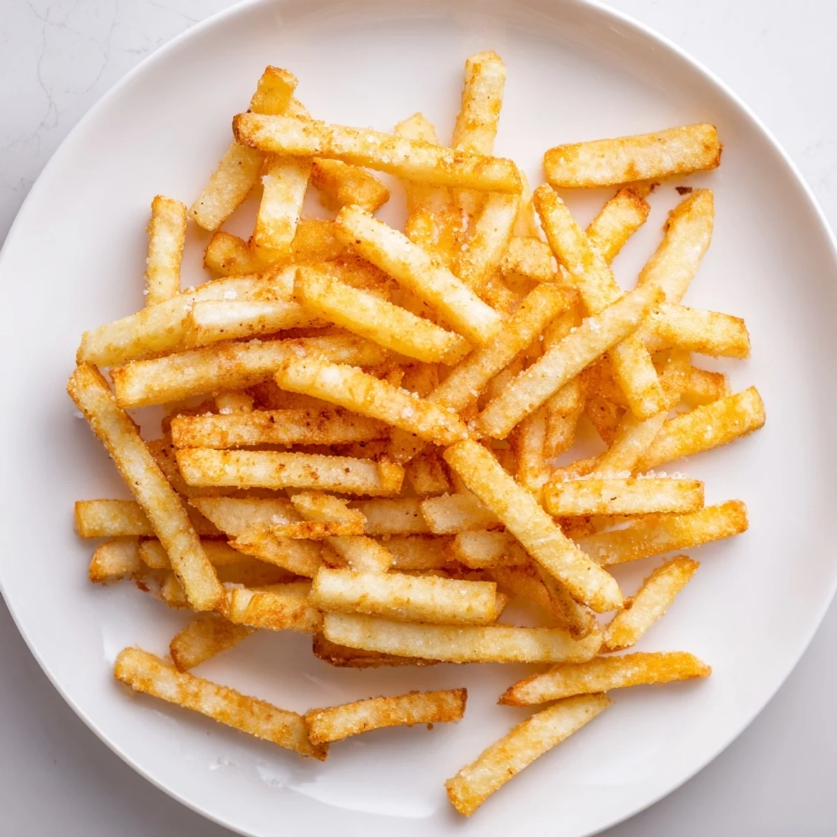 Perfectly golden Crispy Air Fryer French Fries with Sea Salt served in a cone with ketchup and aioli.