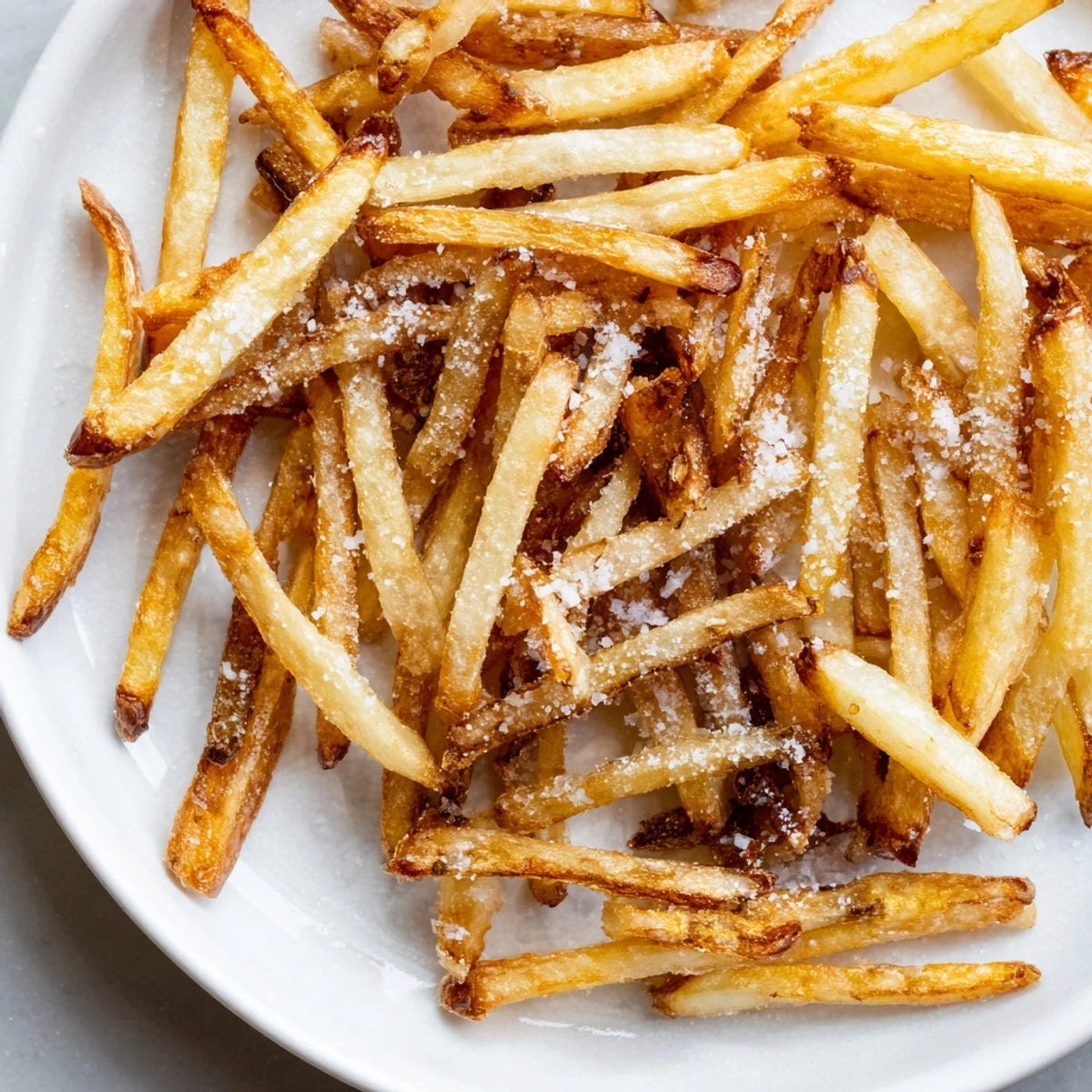 Freshly cooked Crispy Air Fryer French Fries with Sea Salt in a black basket, steaming and golden brown.