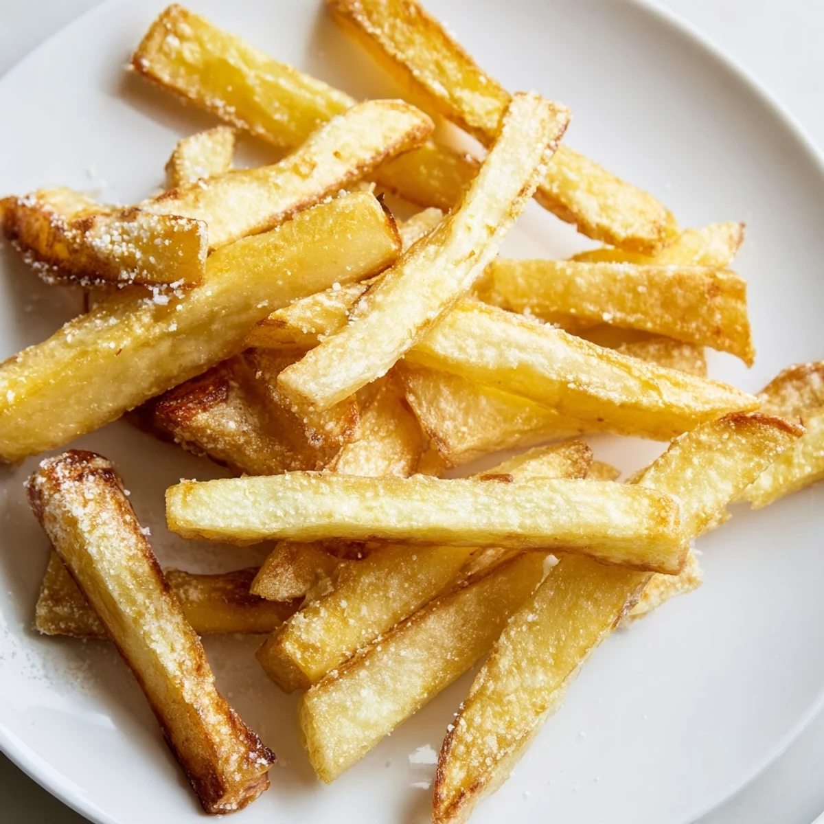 Close-up shot of Crispy Air Fryer French Fries with Sea Salt showing fluffy interior and crunchy, salted exterior.