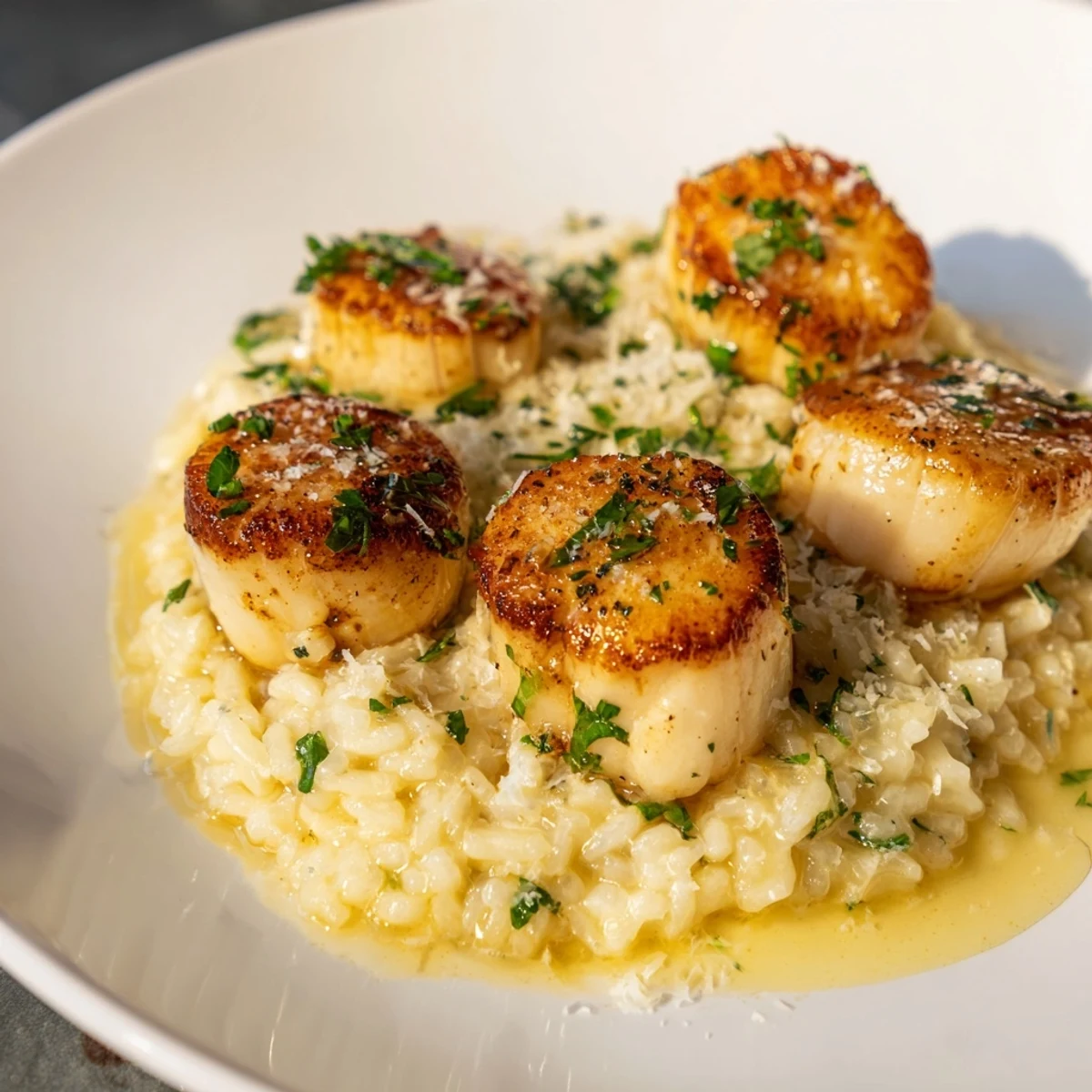 Tender scallops with parsley garnish alongside a bowl of creamy parmesan risotto for an elegant dinner.