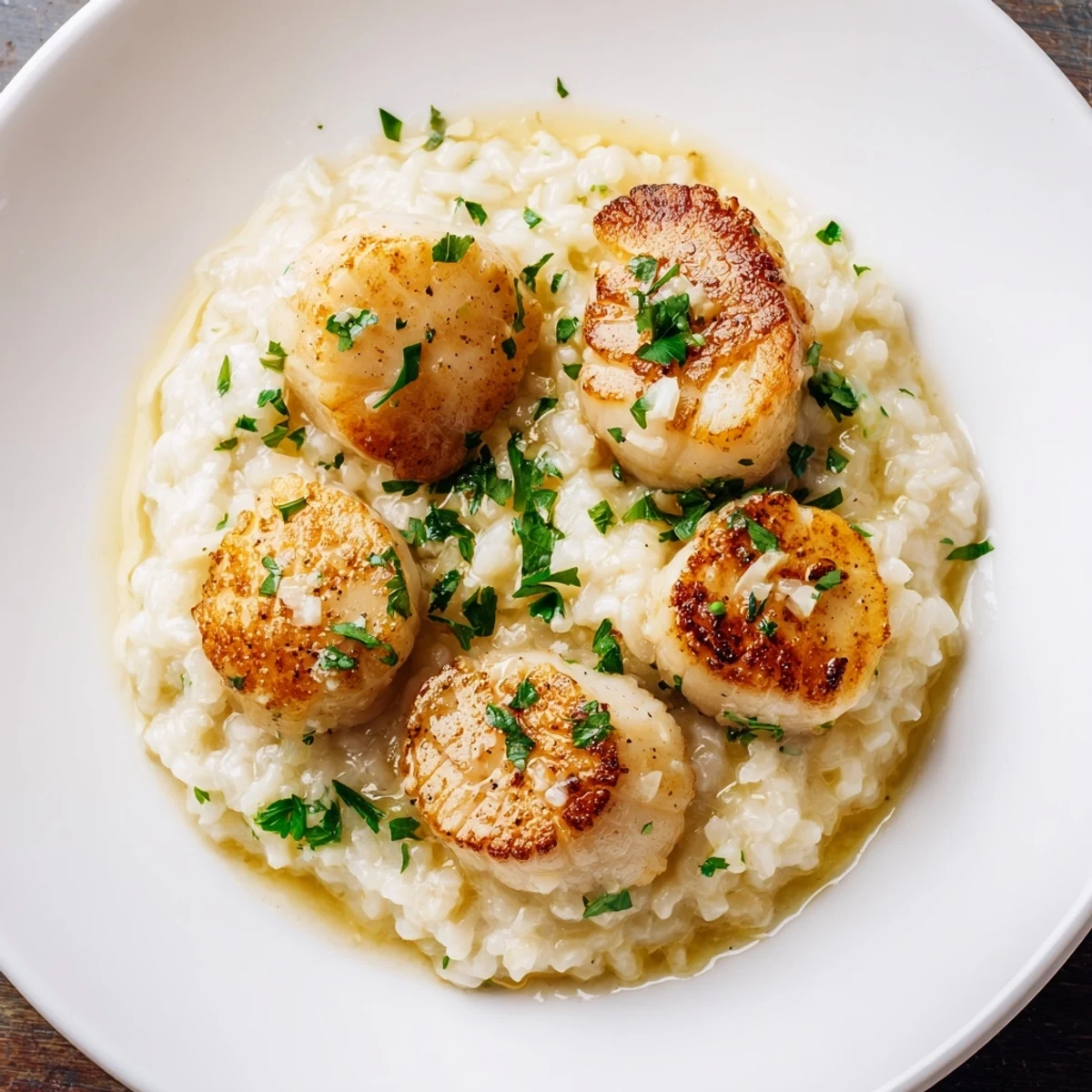 Lemon garlic scallops with creamy parmesan risotto, plated with fresh parsley and a lemon wedge garnish.