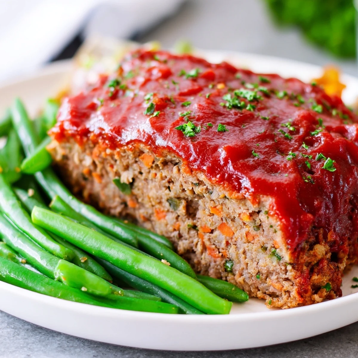 Glazed Turkey Meatloaf rests on a plate, flanked by vibrant green beans topped with toasted almond slices.