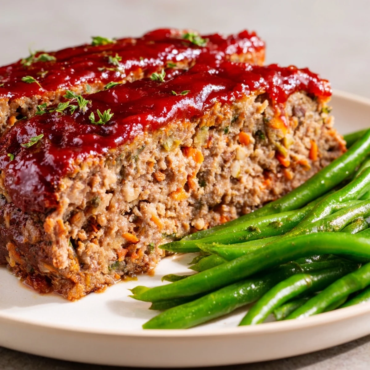 A warm slice of Turkey Meatloaf with Tomato Glaze paired with lemon-zested green beans, perfect for a cozy dinner.