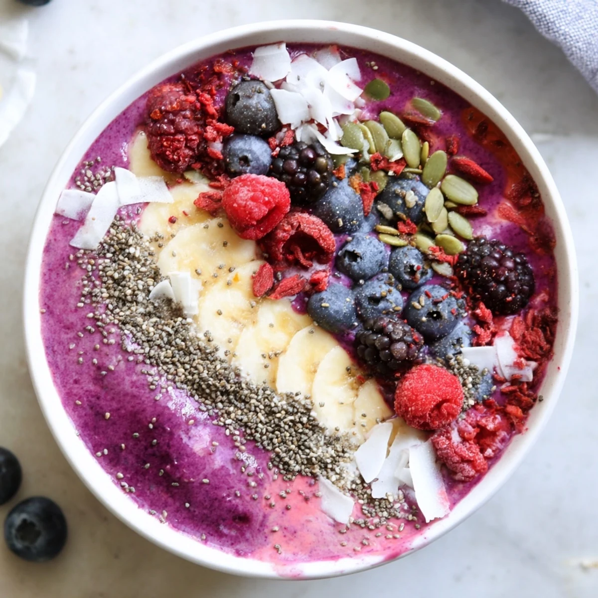 A vibrant purple Winter Berry Smoothie Bowl topped with chia and hemp seeds, fresh berries, and crunchy granola.