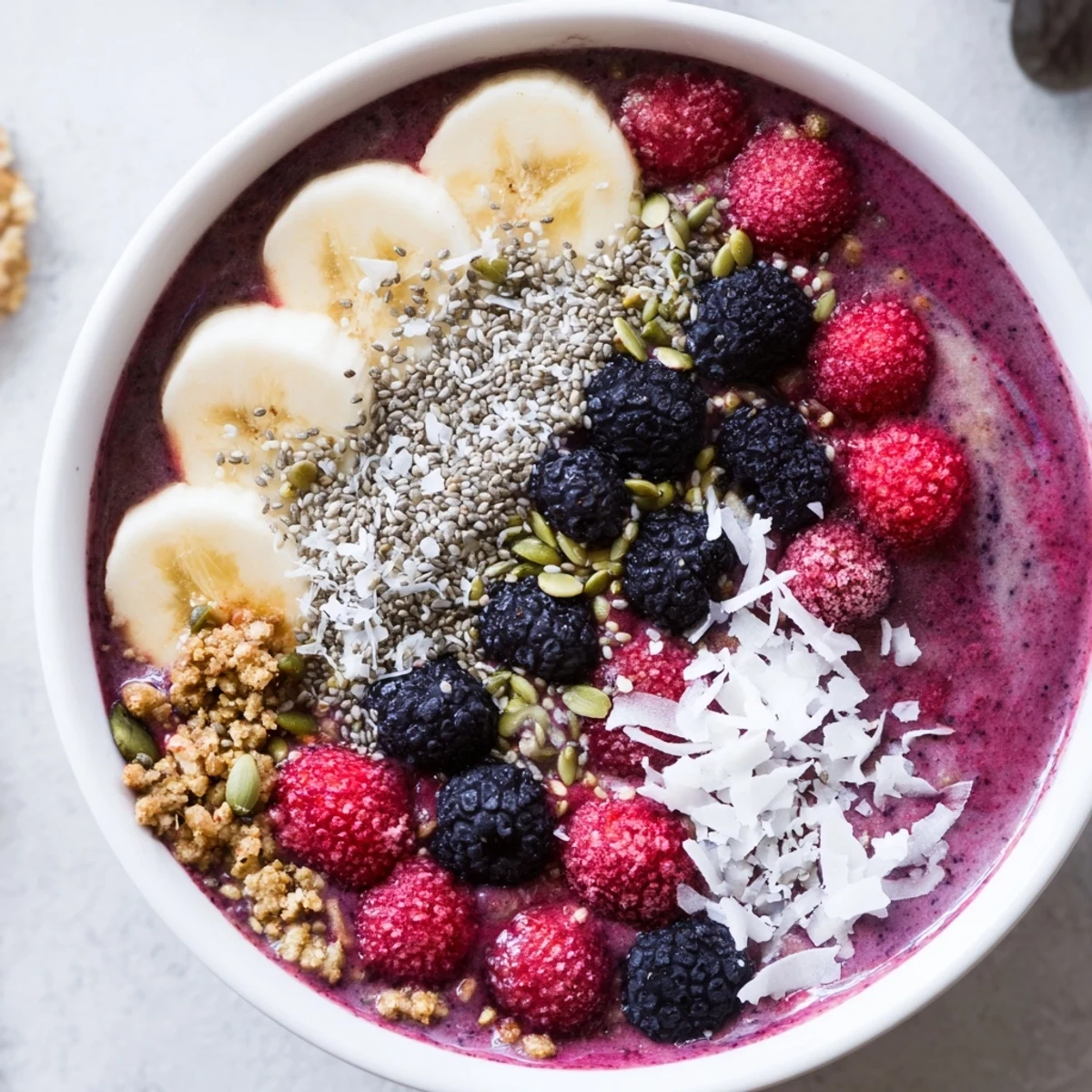 Thick, frosty Winter Berry Smoothie Bowl with a spoon ready to dig into creamy yogurt and berry layers.