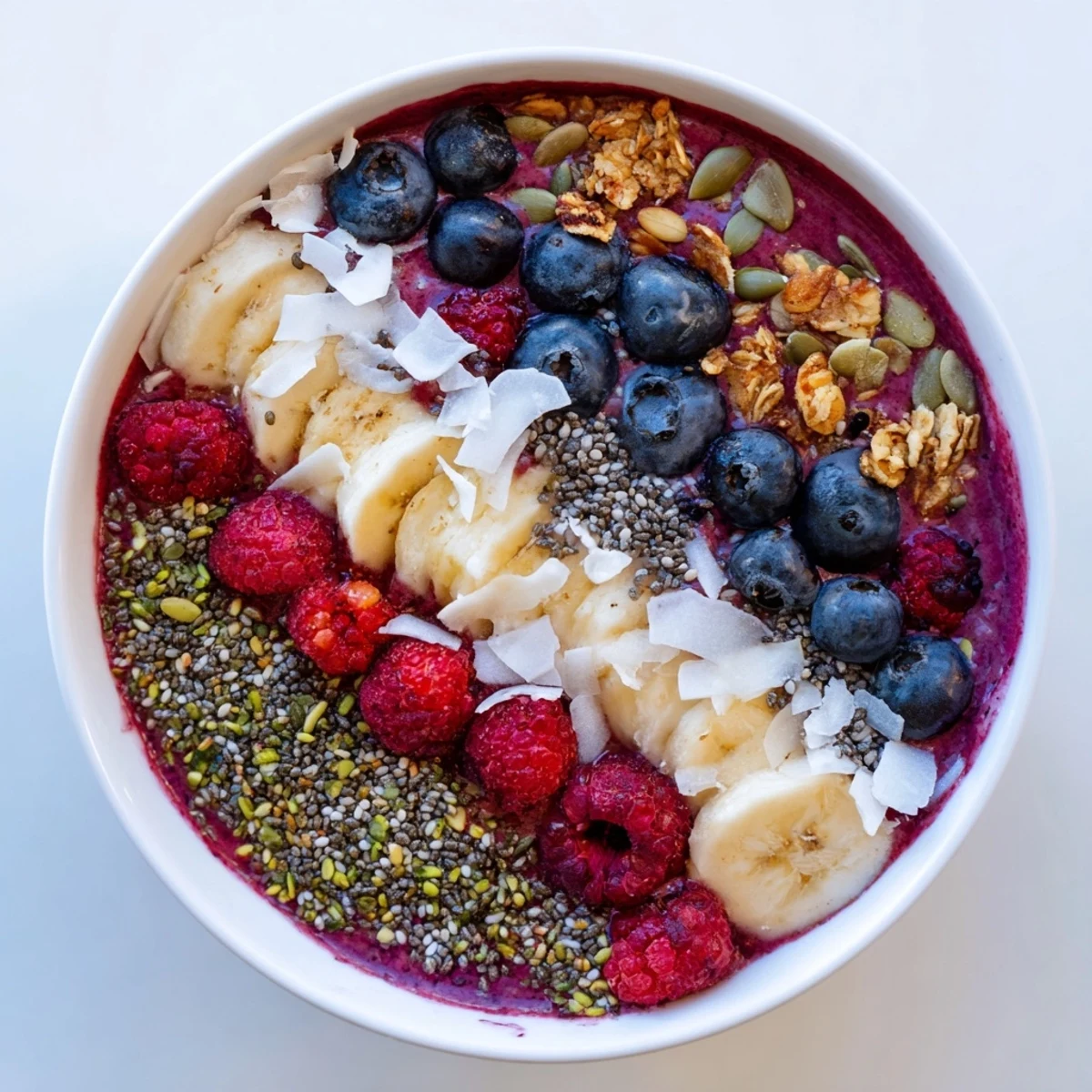 Two chilled Winter Berry Smoothie Bowls garnished with hemp seeds, coconut, and pumpkin seeds for a wholesome breakfast.