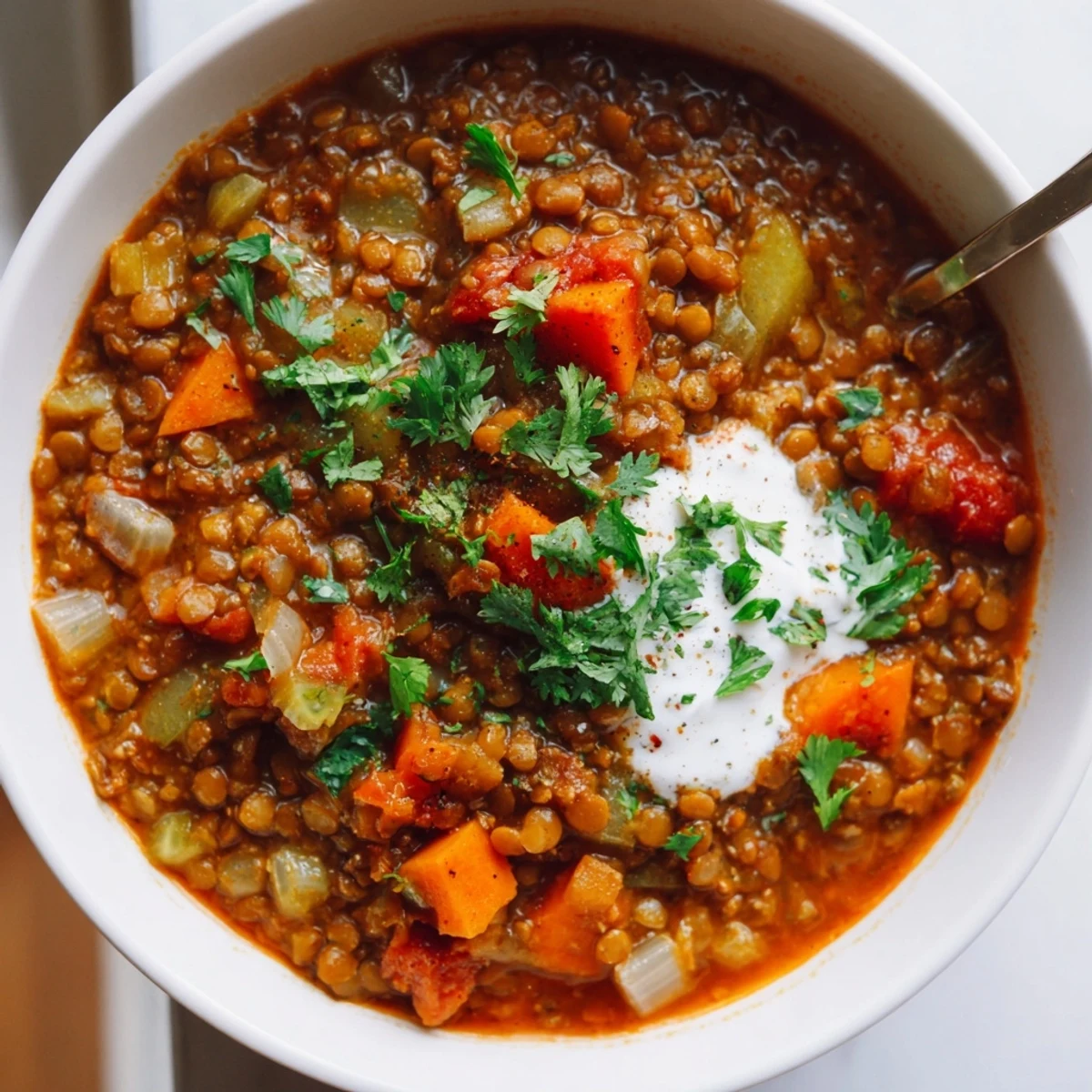 Close-up of Spicy Lentil Soup with Carrots, Celery, and Cumin, revealing tender lentils, diced orange carrots, and chopped celery in a golden, aromatic broth.