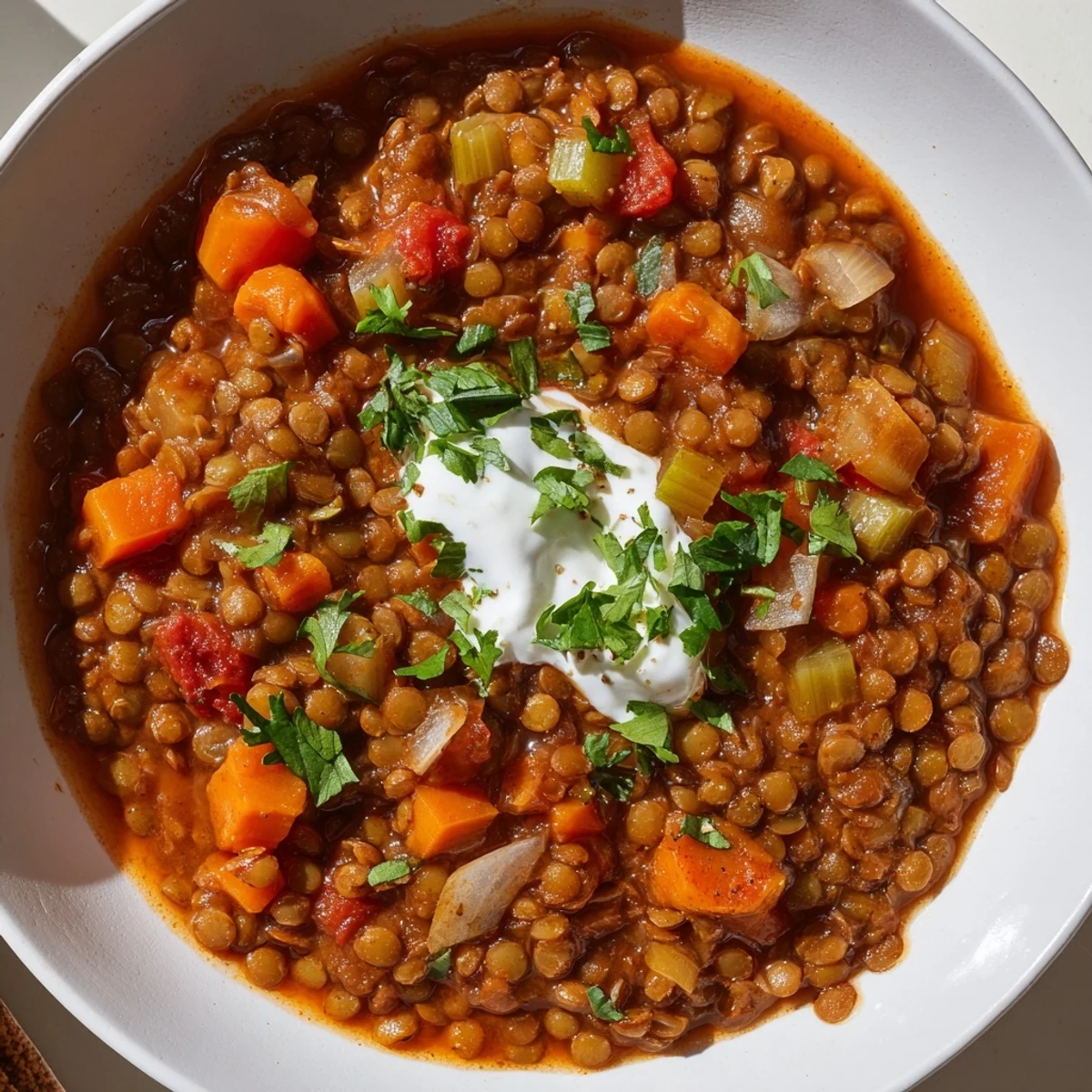 Spicy Lentil Soup with Carrots, Celery, and Cumin served steaming hot in a rustic bowl, garnished with fresh cilantro and a dollop of yogurt.