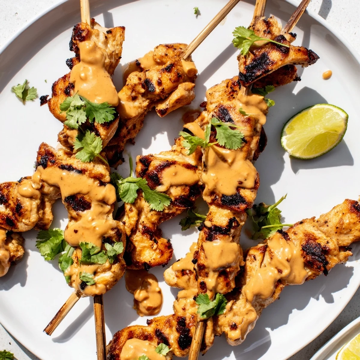 Golden-brown Chicken Satay Skewers dripping with spicy peanut sauce on a serving platter. 