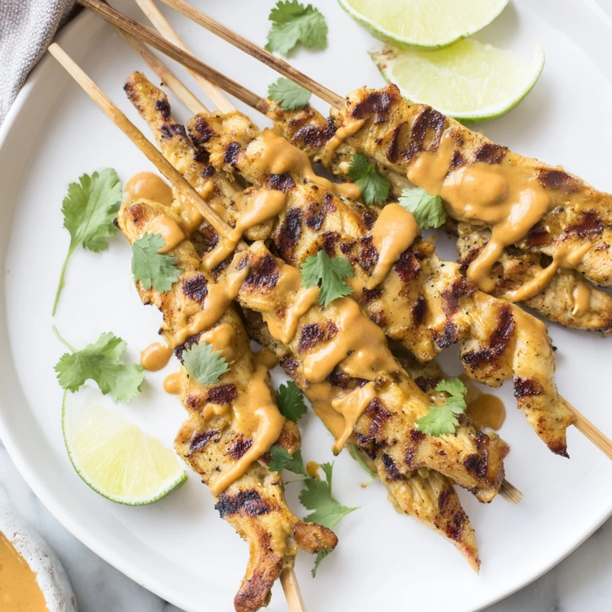 Sizzling grilled chicken skewers with a rich peanut dip, fresh lime wedges, and cilantro. 
