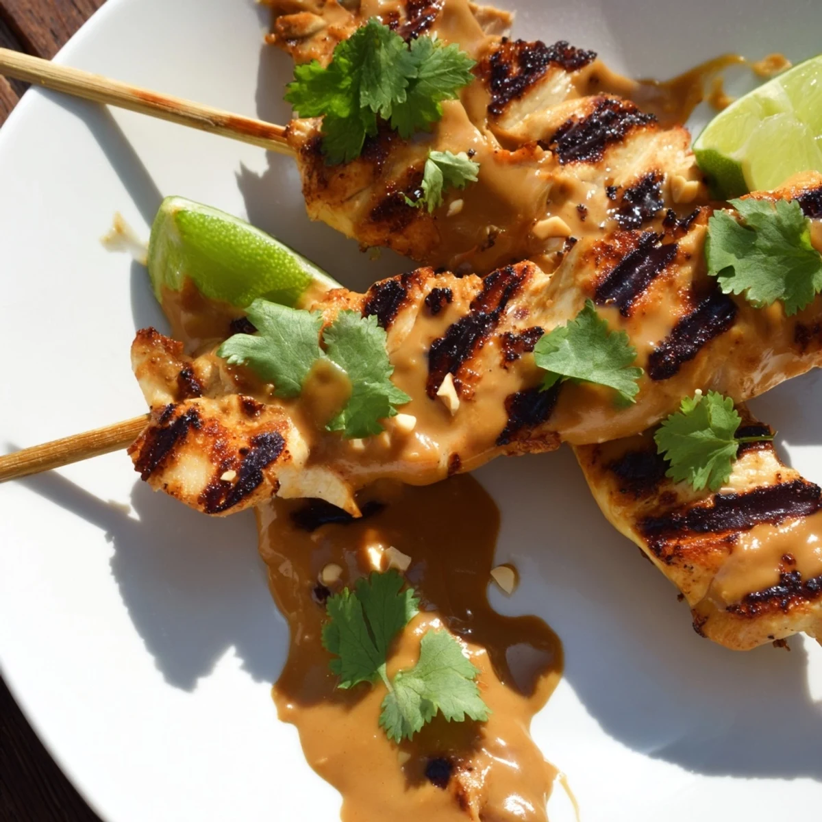 Homemade Chicken Satay Skewers with spicy peanut sauce, sliced cucumbers, and red onions.