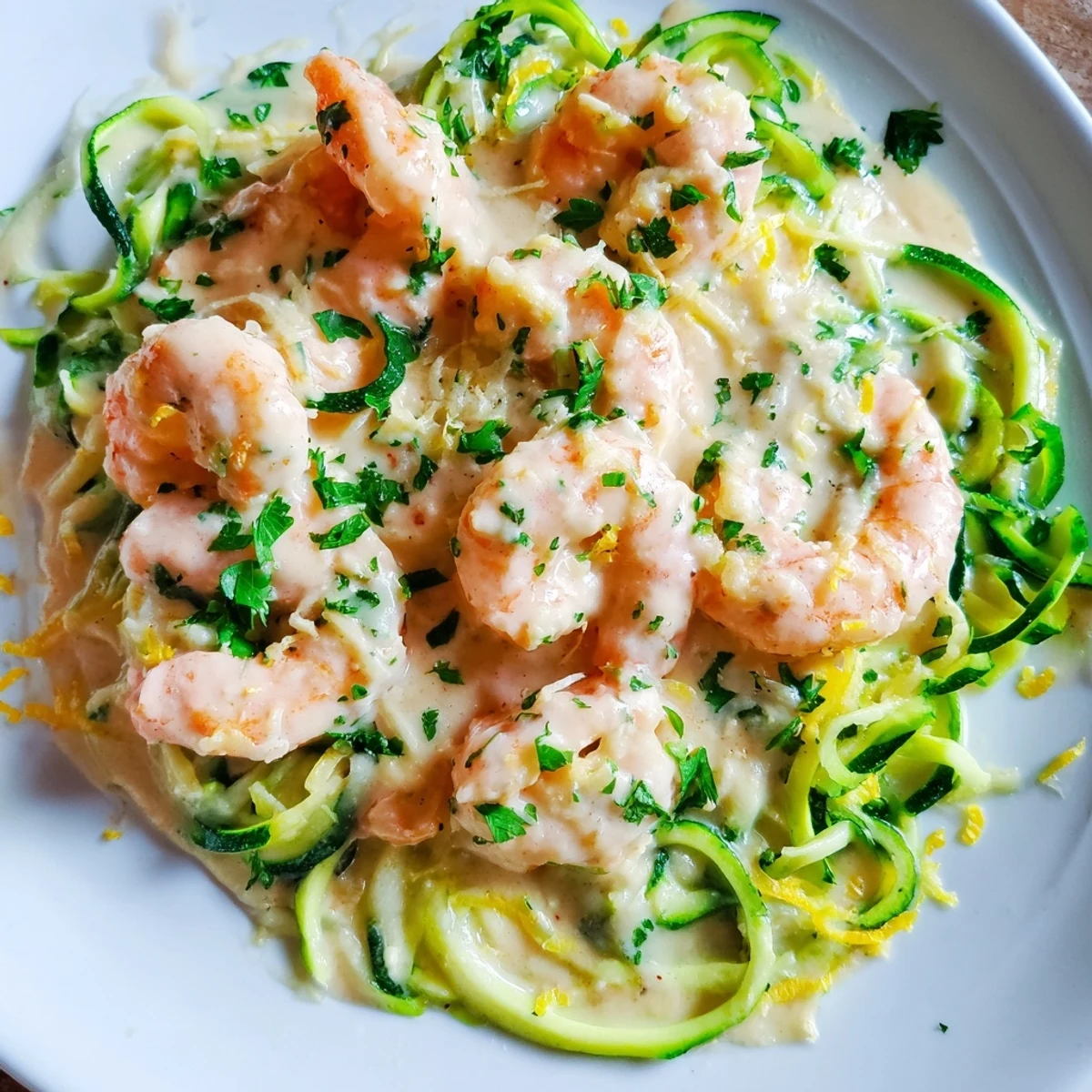 Tender shrimp in a creamy garlic sauce topped fresh zucchini noodles and a squeeze of lemon.