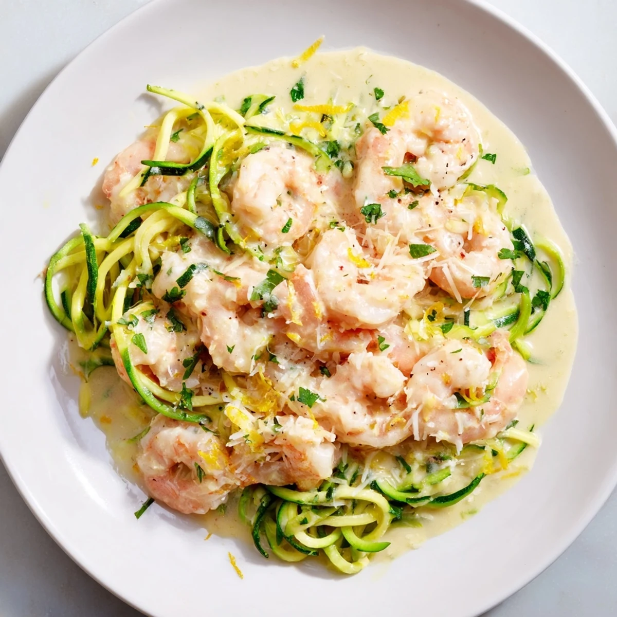A close-up of Creamy Garlic Shrimp with Zucchini Noodles and Lemon, glistening in a rich sauce.