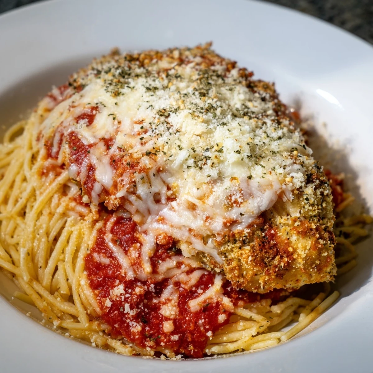 Crispy golden Chicken Parmesan over spaghetti with rich marinara, topped with bubbling mozzarella.