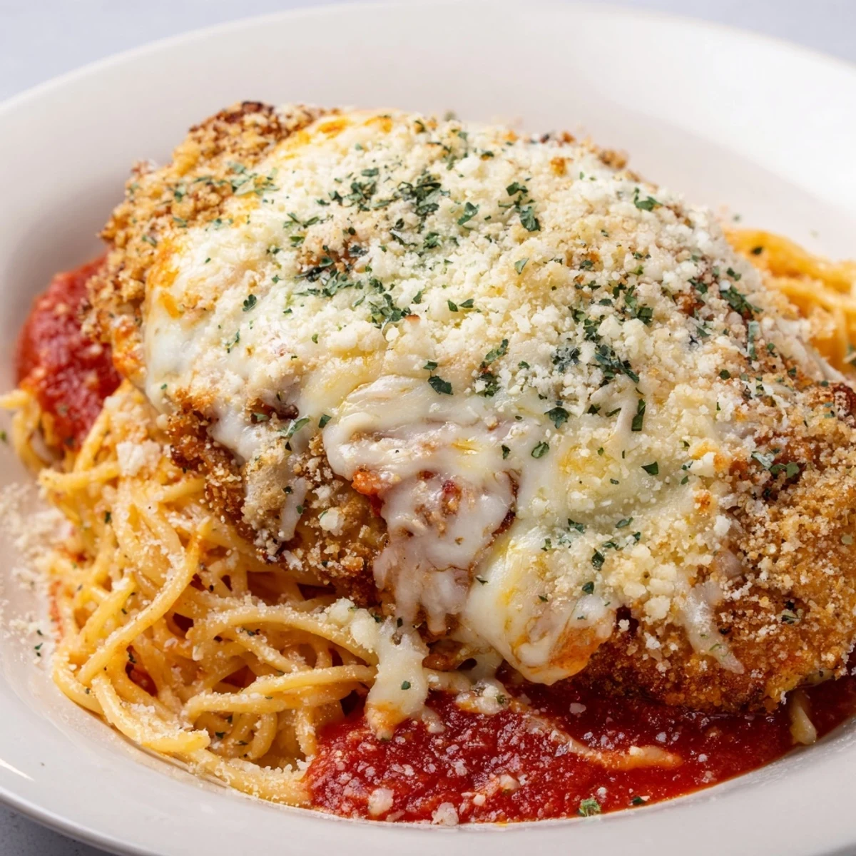 Fresh basil garnishes tender breaded chicken Parmesan resting on a bed of al dente spaghetti.