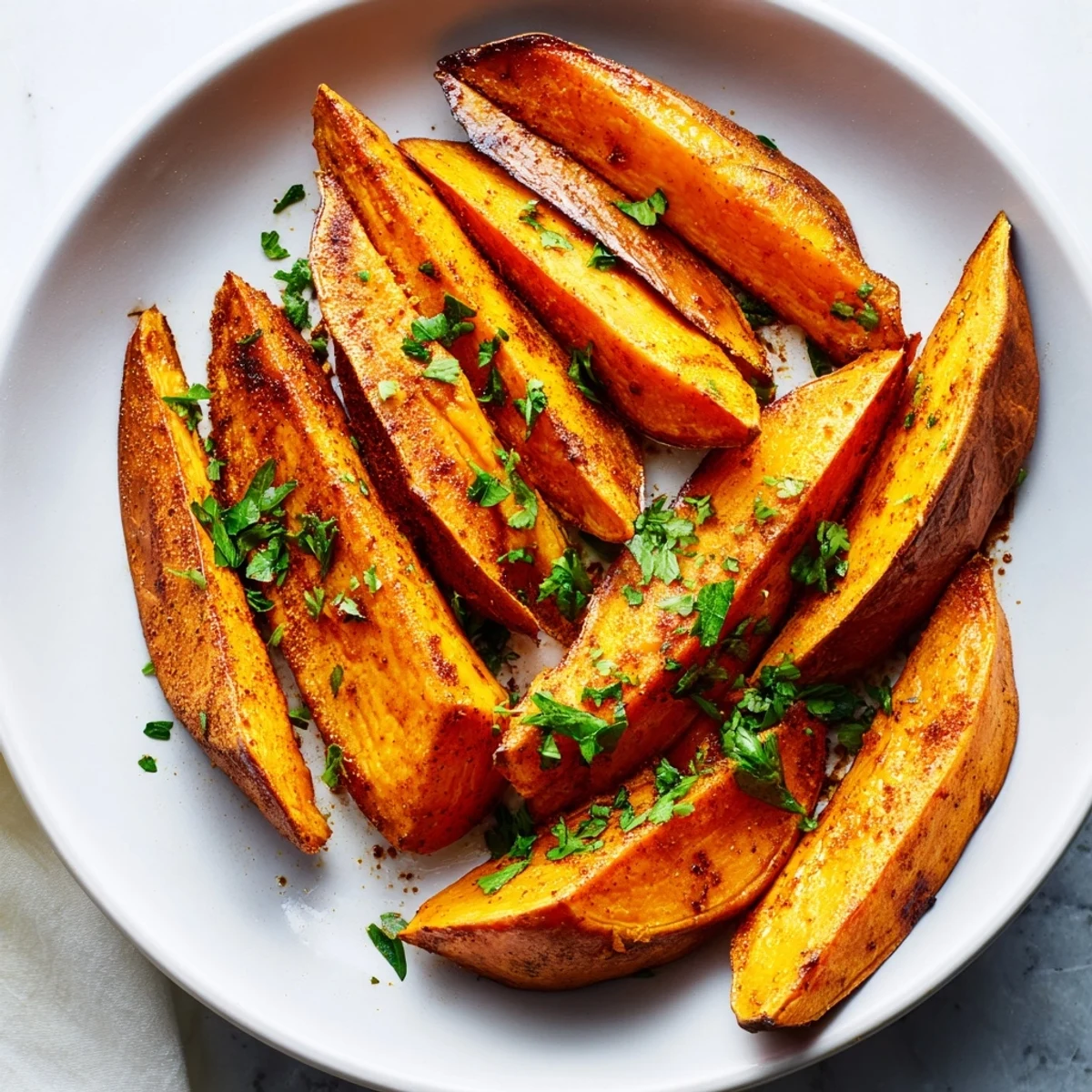 Golden roasted sweet potato wedges with smoked paprika, crispy on the edges and served with a creamy garlic aioli dip.