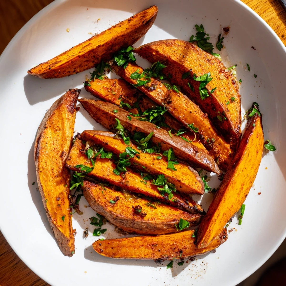 A close-up of seasoned roasted sweet potato wedges garnished with fresh parsley, a perfect vegetarian gluten-free side dish.