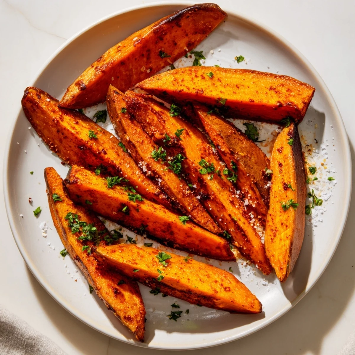 Rustic tray of hot roasted sweet potato wedges with smoked paprika, crisp texture, and savory aroma ready to be served.