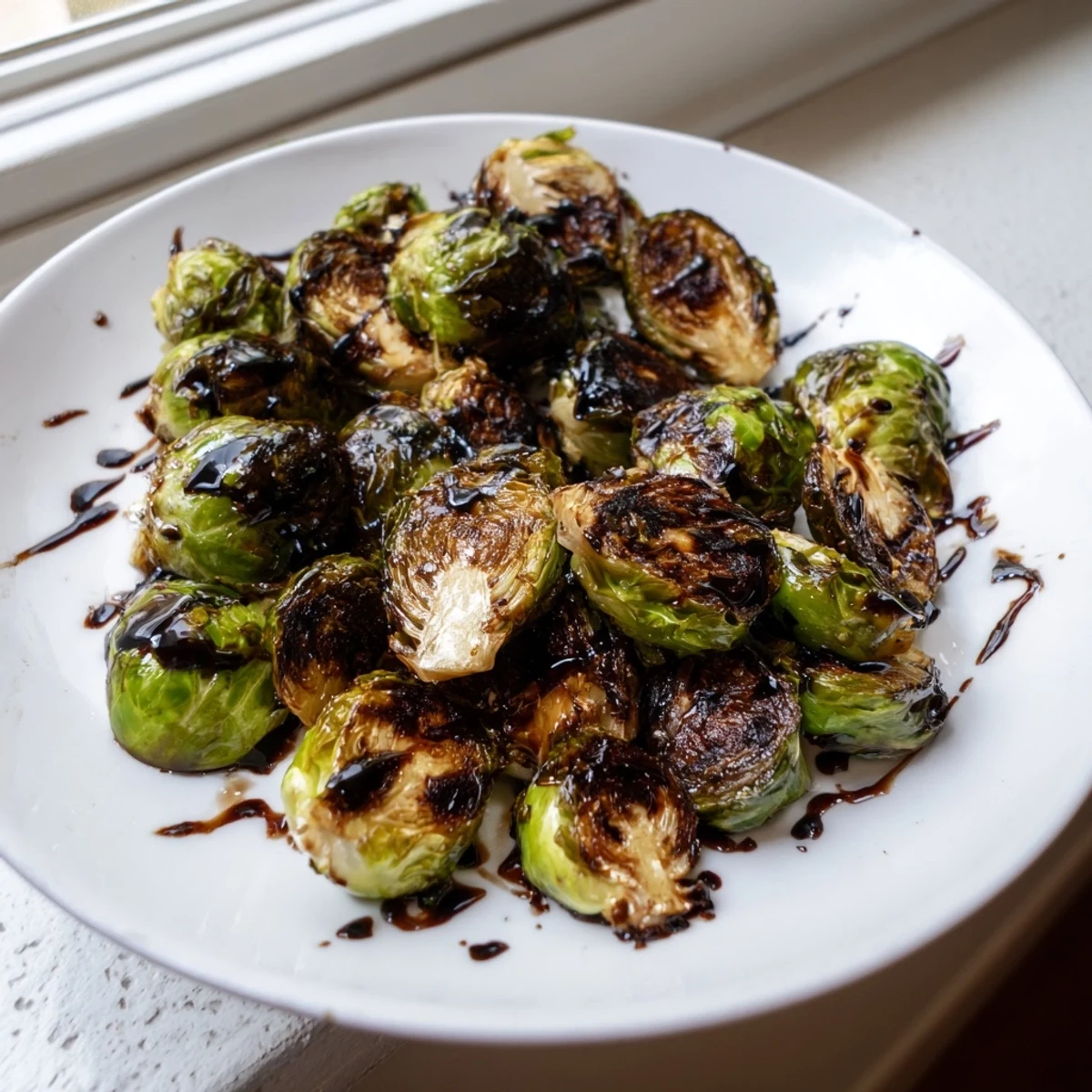 Golden brown Roasted Brussels Sprouts with Balsamic Glaze Reduction arranged on a rustic platter, drizzled with thick, tangy-sweet syrup.
