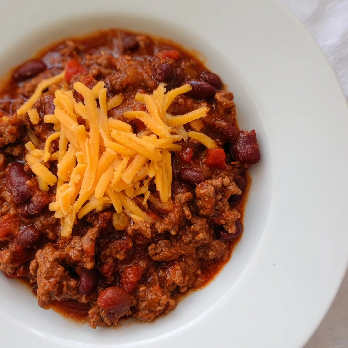 Thick Beef and Bean Chili with Sharp Cheddar Cheese served with crusty cornbread and fresh cilantro on the side.