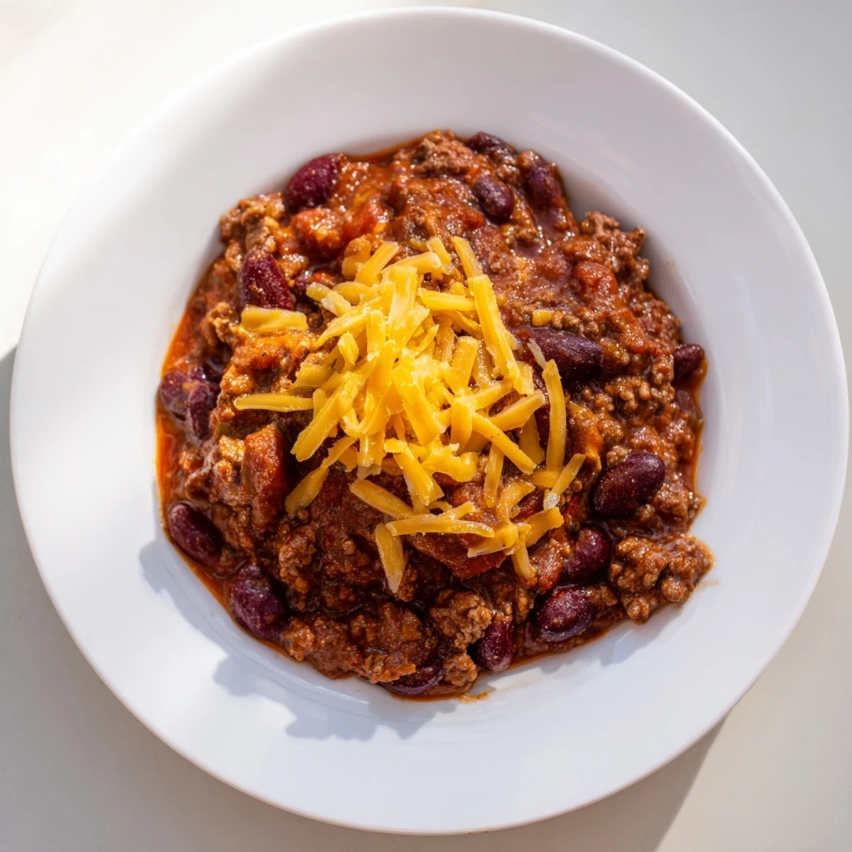 A ladle pours the savory Beef and Bean Chili with Sharp Cheddar Cheese, revealing tender beef and beans.