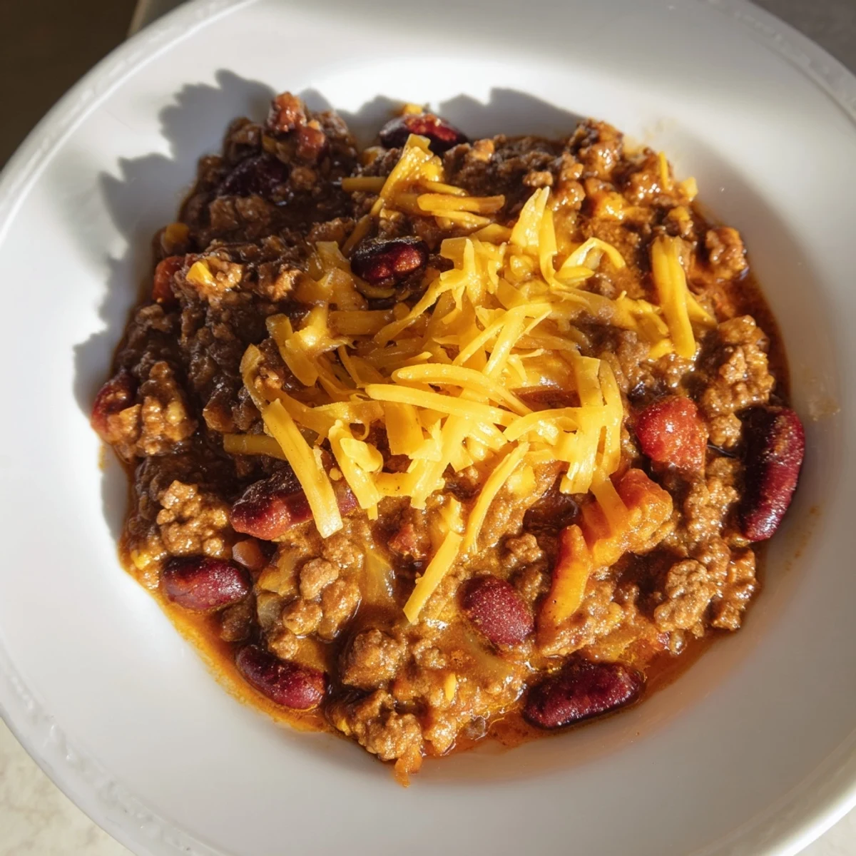 Hearty Beef and Bean Chili with Sharp Cheddar Cheese topped with sour cream in a rustic bowl, steam rising.