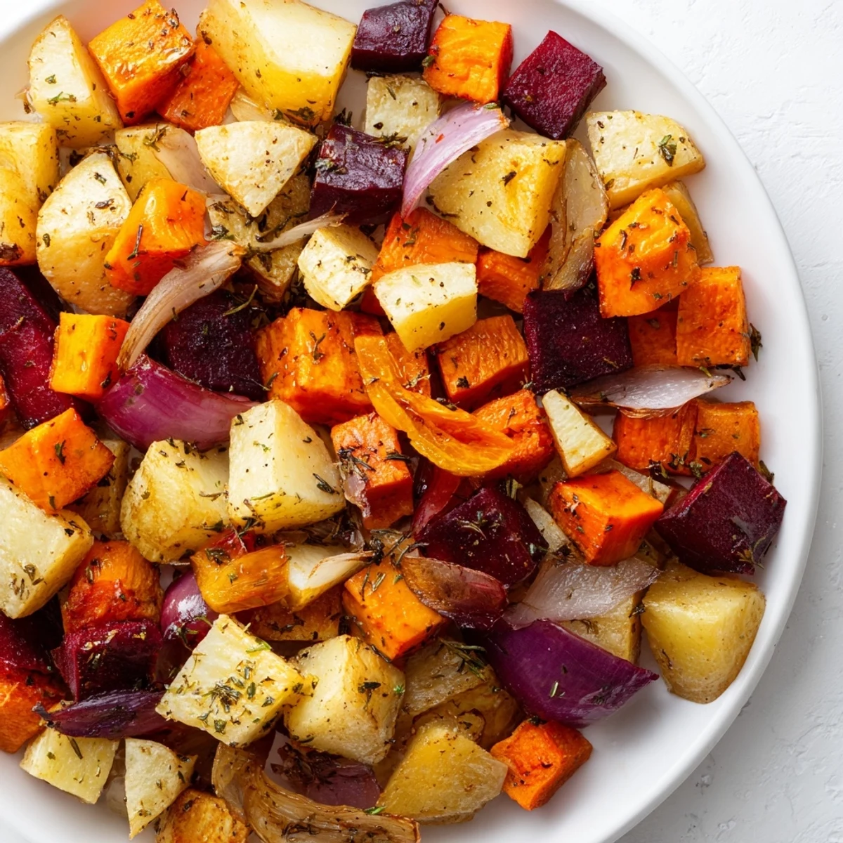 Golden roasted root vegetable medley with dried herbs on a rustic platter, steaming warmly.