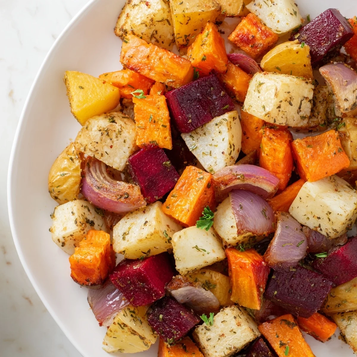 Caramelized root vegetable medley with dried herbs served in a white ceramic bowl.