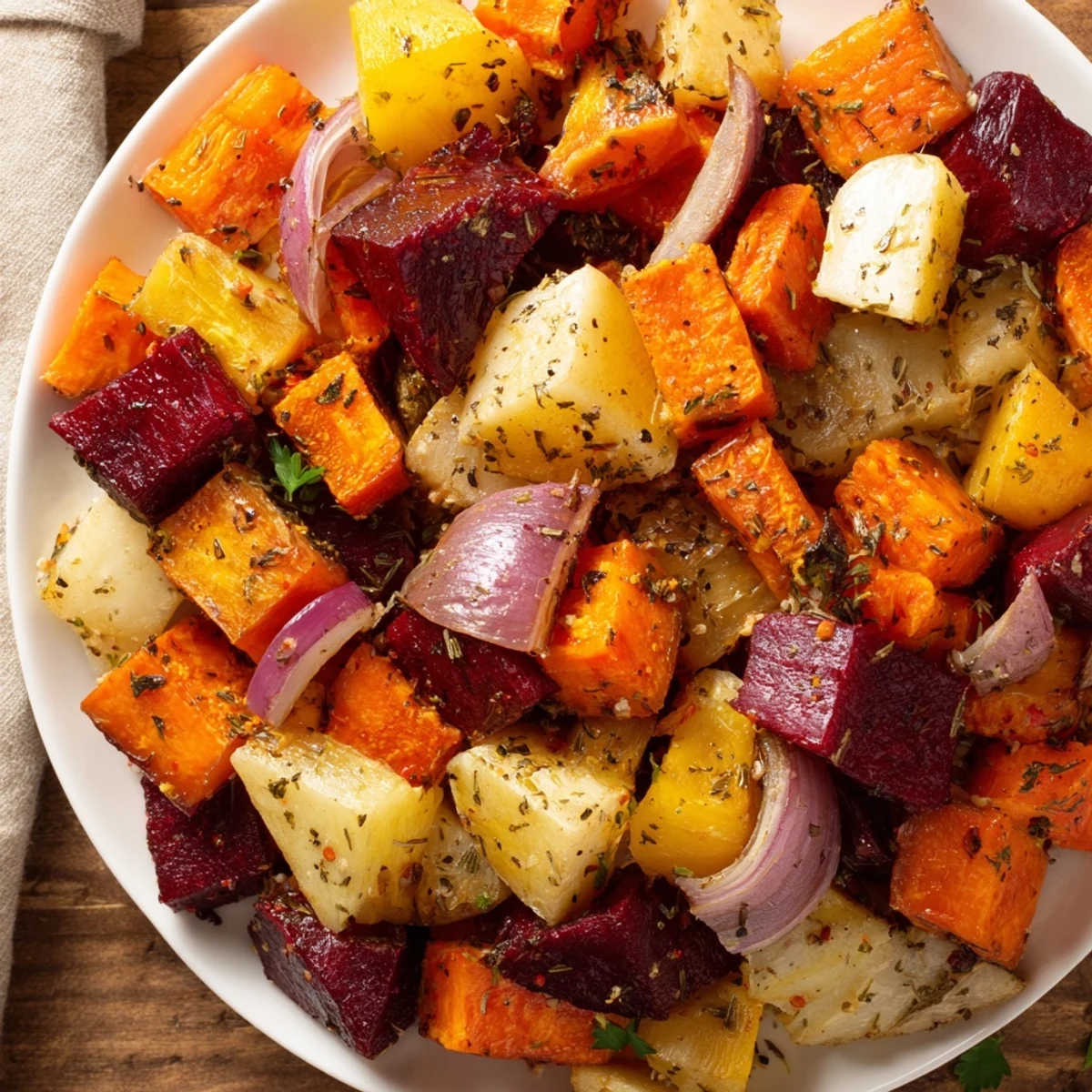 Garnished root vegetable medley with dried herbs alongside chicken on a dark serving plate.