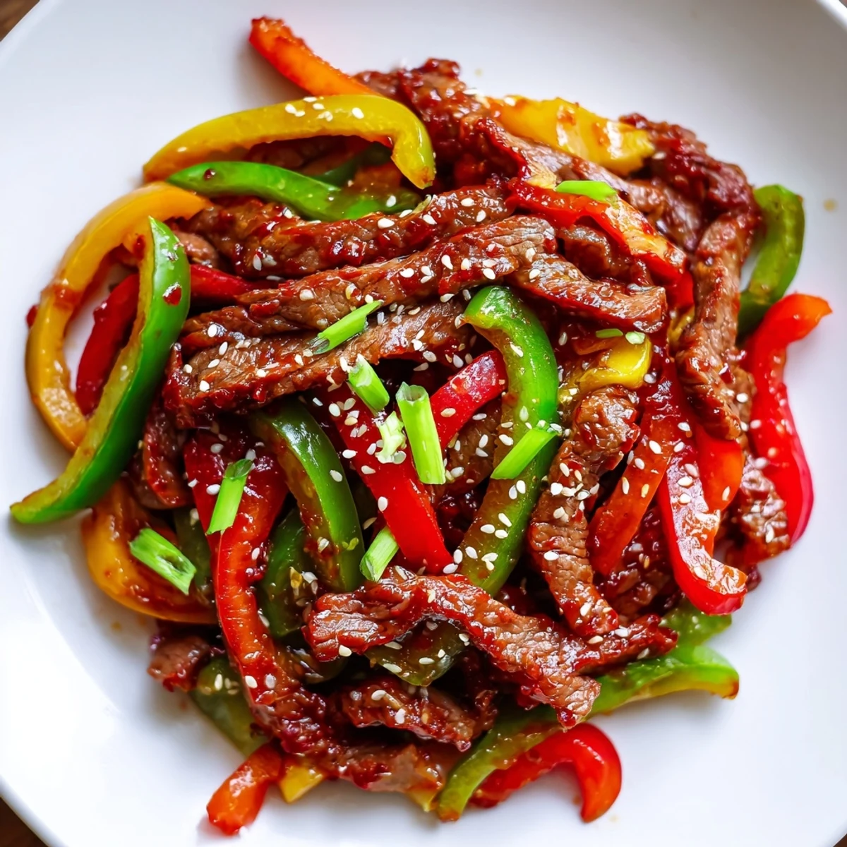 Spicy Beef and Pepper Stir Fry with colorful bell peppers and tender beef slices sizzling in a savory, spicy sauce.