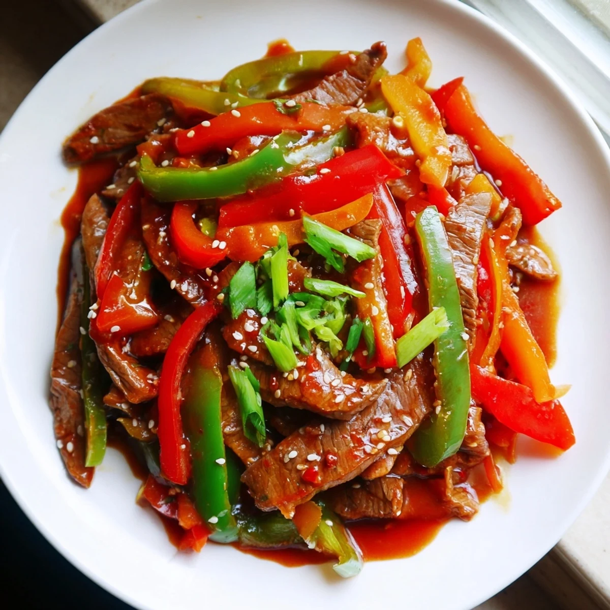Close-up of Spicy Beef and Pepper Stir Fry with glossy sauce, fresh garlic, and ginger over steamed rice.