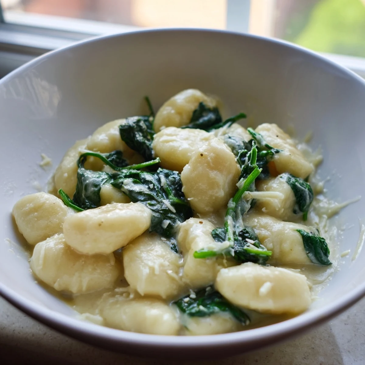 Golden-brown sautéed gnocchi swirled in velvety cream, dotted with bright spinach leaves and shaved parmesan, perfect for a cozy weeknight Italian-inspired dinner.