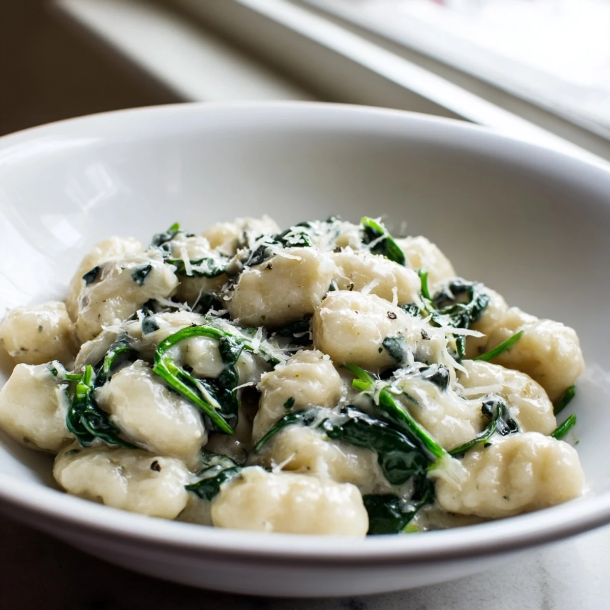 Creamy Gnocchi with Spinach, tender potato dumplings coated in a garlicky parmesan cream sauce with wilted greens, served warm in a rustic ceramic bowl.