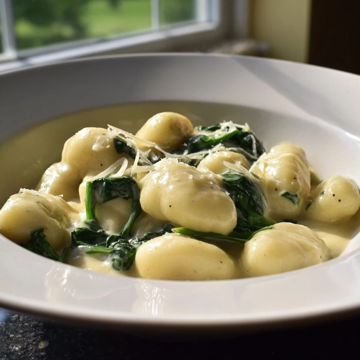 Savory Creamy Gnocchi with Spinach plated alongside crusty bread for dipping, featuring soft dumplings in a rich, nutmeg-scented sauce with fresh spinach.