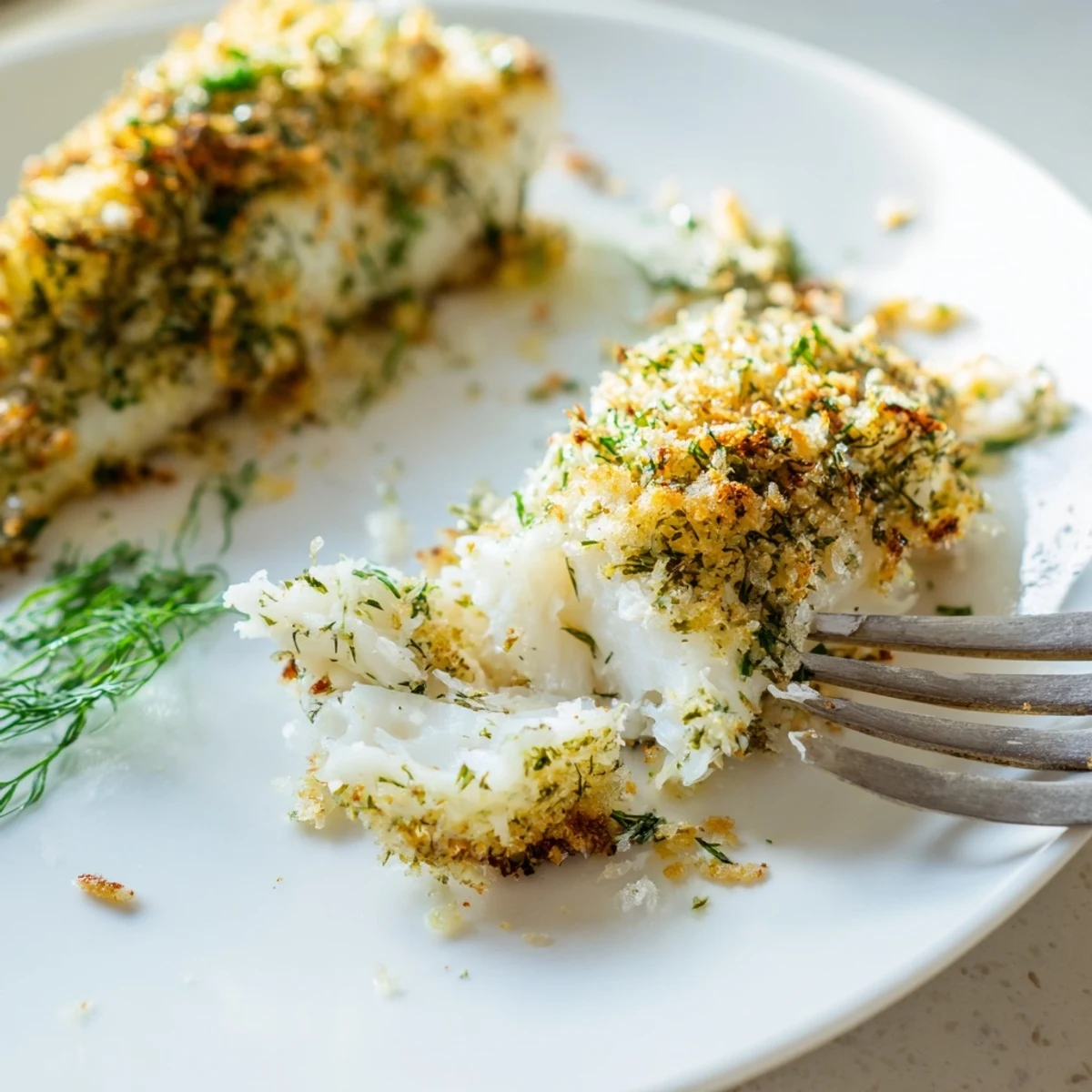 Golden-brown herb-crusted baked cod fillets on a white plate with lemon wedges, garnished with fresh parsley and dill.