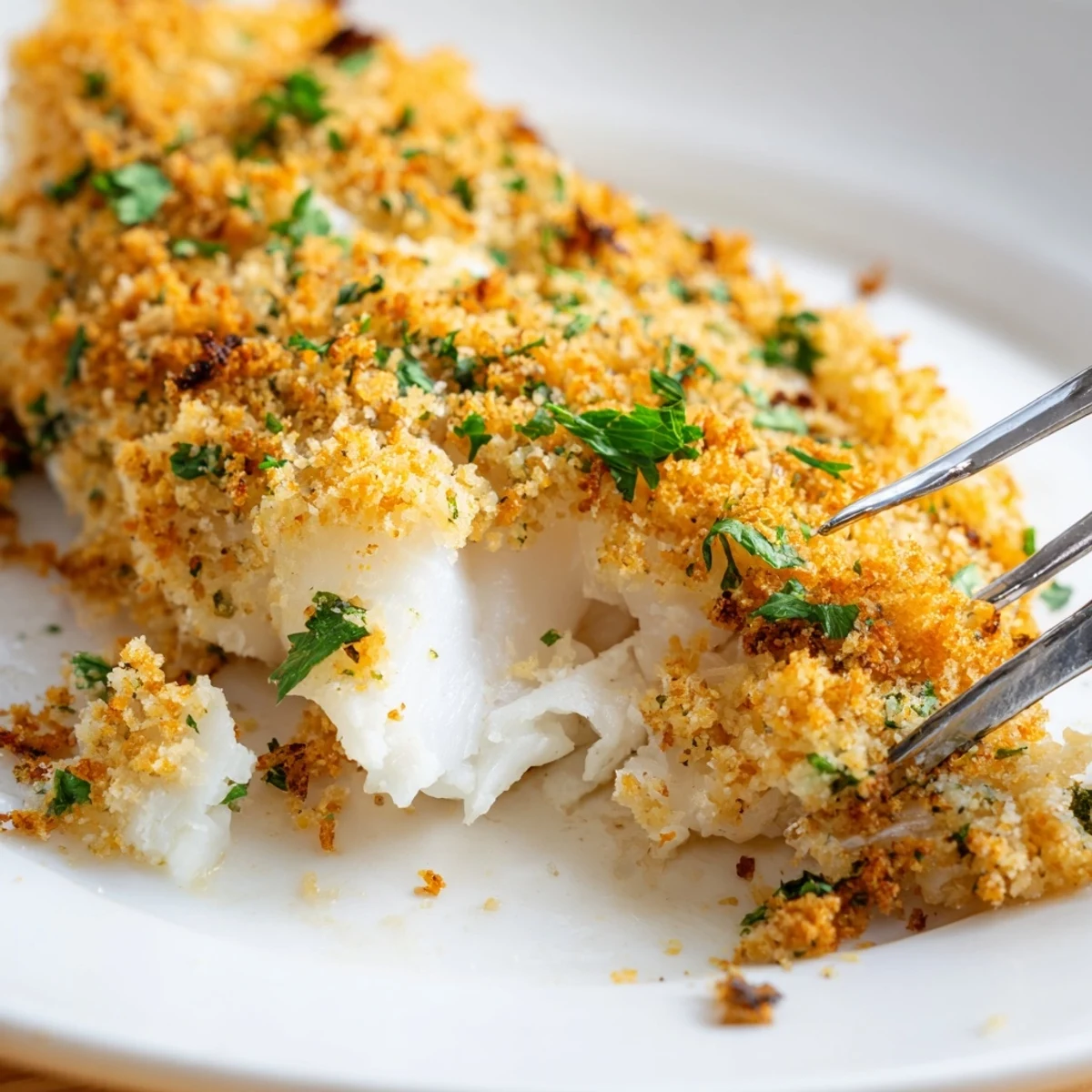 Tender cod fillets with a crispy breadcrumb and parmesan herb crust, baked to perfection and served with roasted potatoes.
