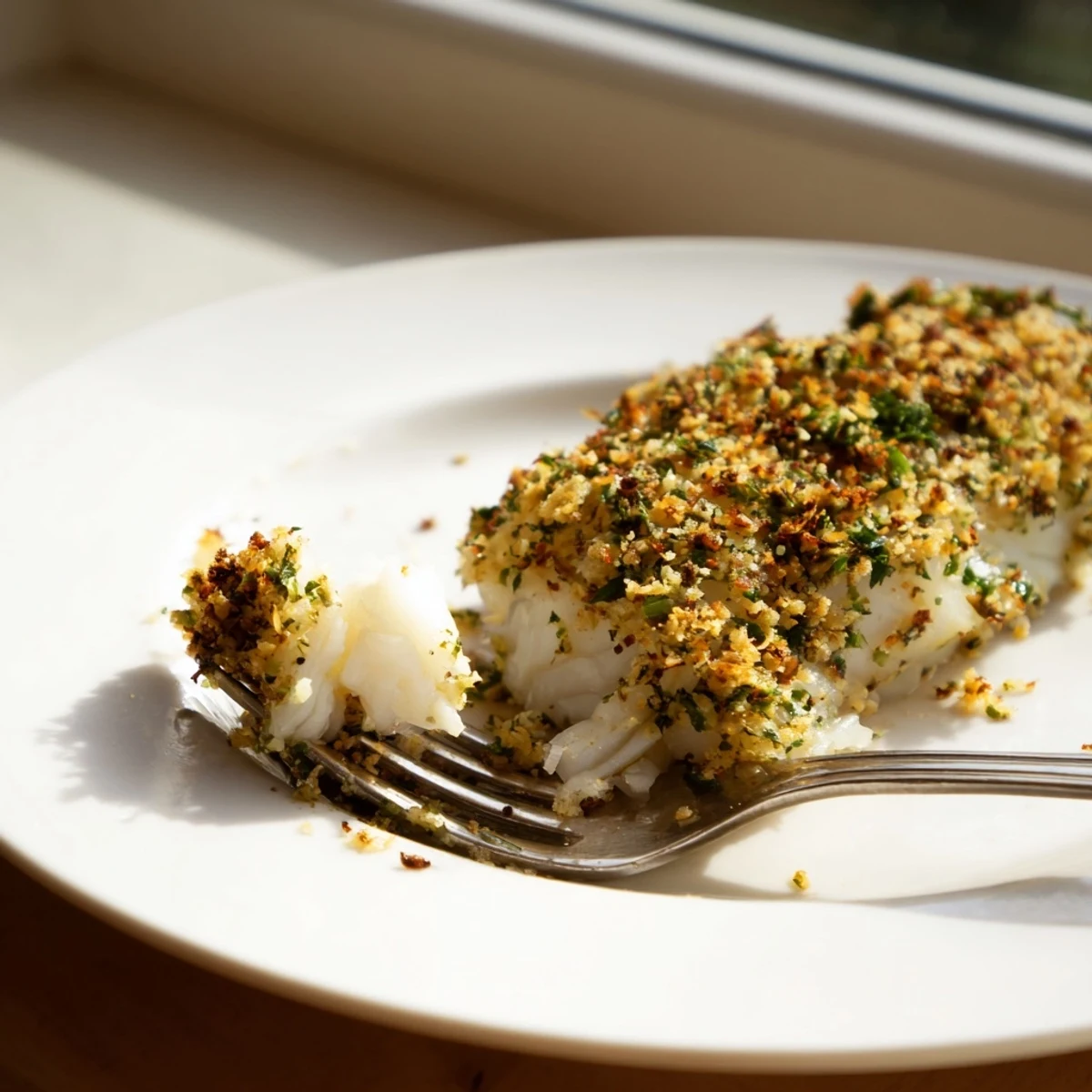 Freshly baked Baked Cod with Herb Crust topped with vibrant green herbs, ready to serve with a light salad.