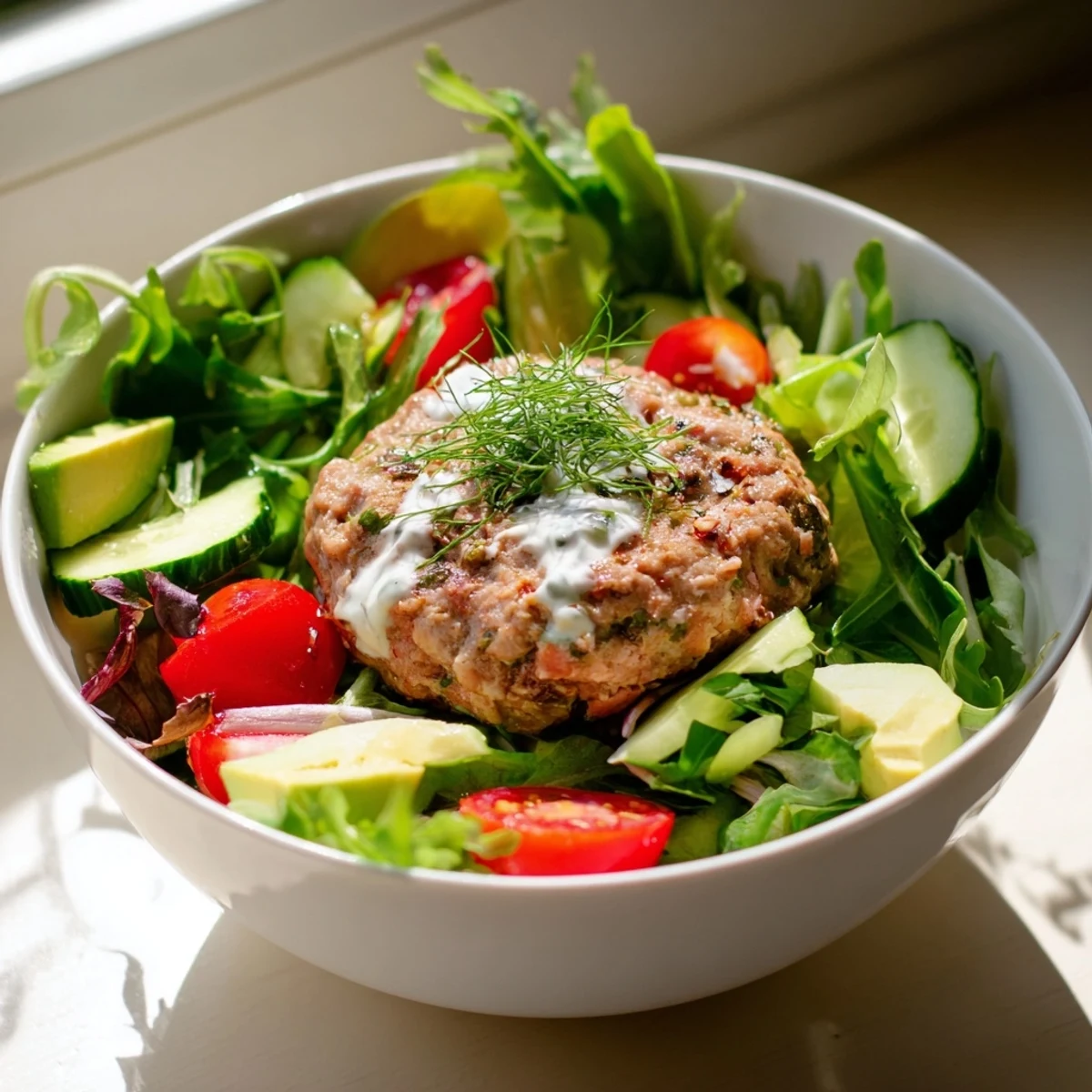 A vibrant Turkey Burger Salad Bowl with a juicy turkey patty on fresh greens, topped with cucumber, tomatoes, and creamy avocado.